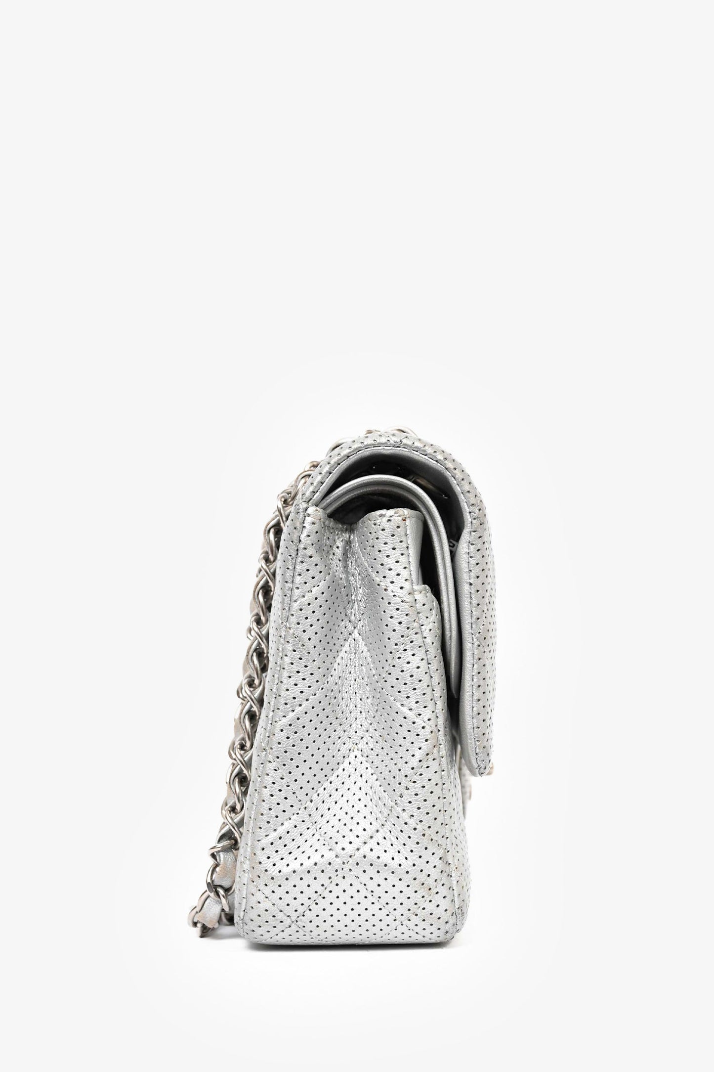 Chanel ™ 2014 Silver Perforated Leather Medium Double Flap Shoulder Bag