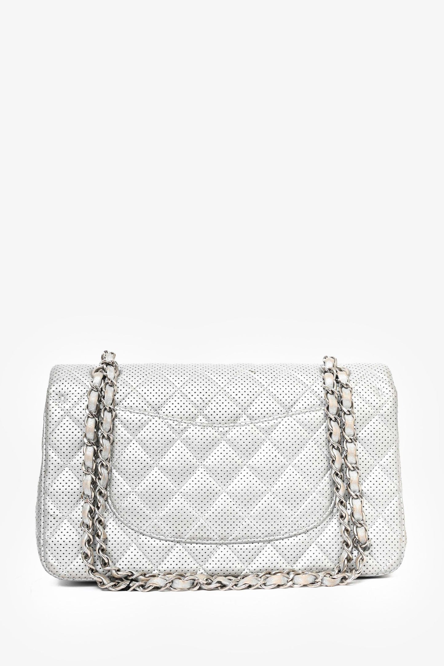 Chanel ™ 2014 Silver Perforated Leather Medium Double Flap Shoulder Bag