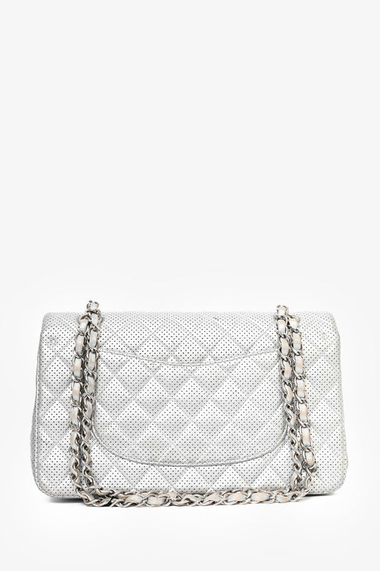 Chanel ™ 2014 Silver Perforated Leather Medium Double Flap Shoulder Bag