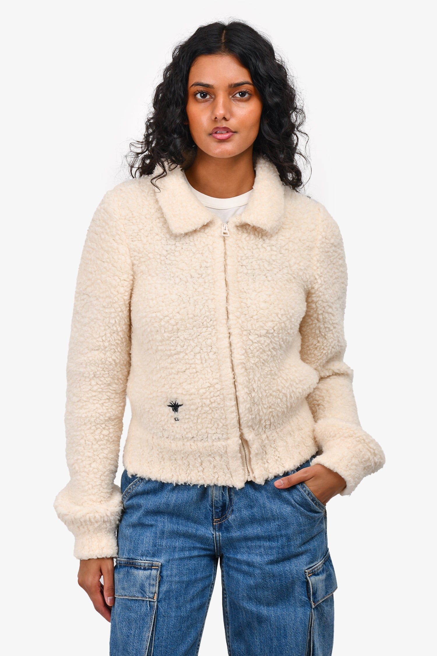 Dior Handbag Christian Teddy Wool Jacket Cream Zip
