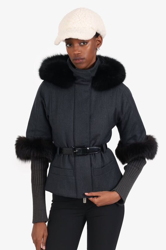 Dior Handbag Christian Grey Wool Fox Fur Trimmed Belted Gray