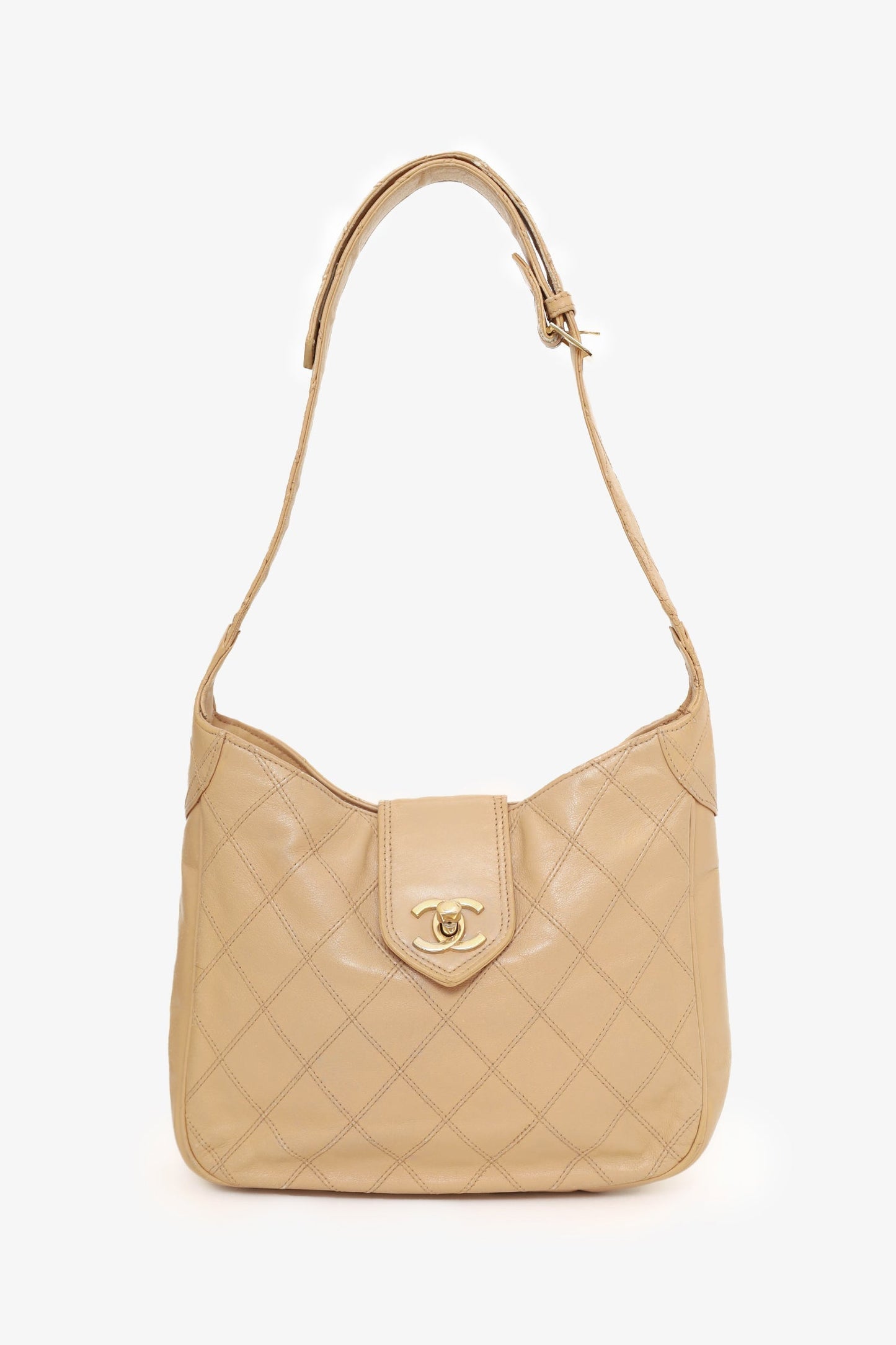 Chanel ™ 1986-88 Beige Quilted Lambskin CC Hobo Shoulder Bag with Pouch