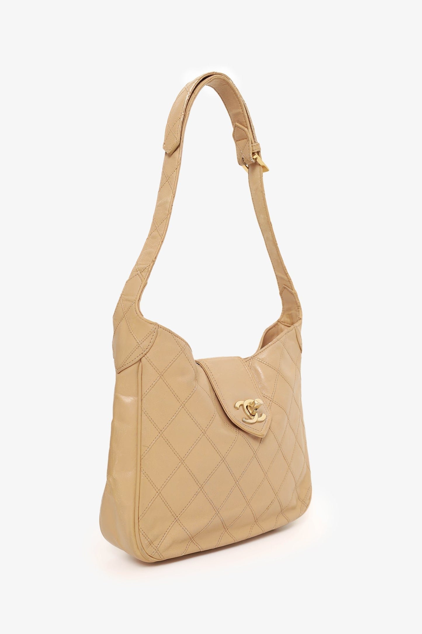 Chanel ™ 1986-88 Beige Quilted Lambskin CC Hobo Shoulder Bag with Pouch