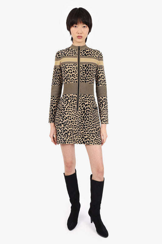 Dior Handbag Christian Leopard Print -Up Long Sleeve Dress Zip