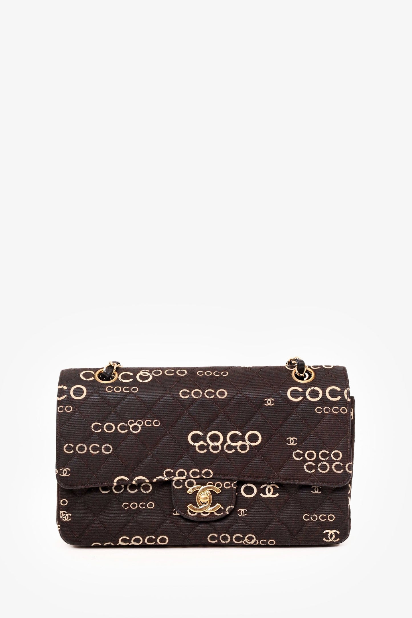 Chanel ™ 2002-03 Black/White Denim Quilted Coco Print Medium Double Flap Bag