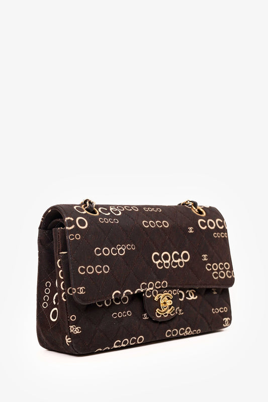 Chanel ™ 2002-03 Black/White Denim Quilted Coco Print Medium Double Flap Bag