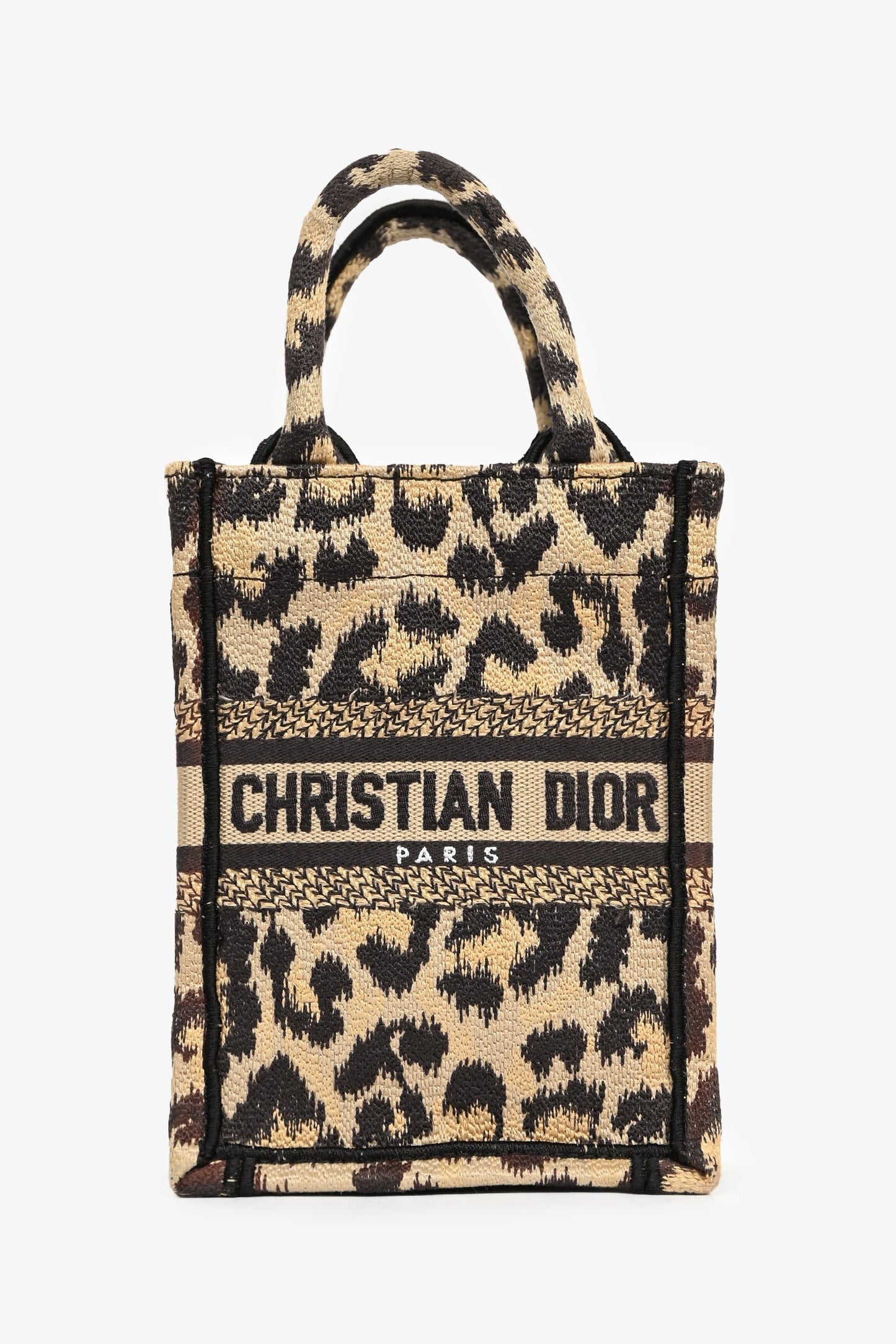Dior Tote Bag Christian Leopard Book Tote Phone Bag Canvas Beige Mini