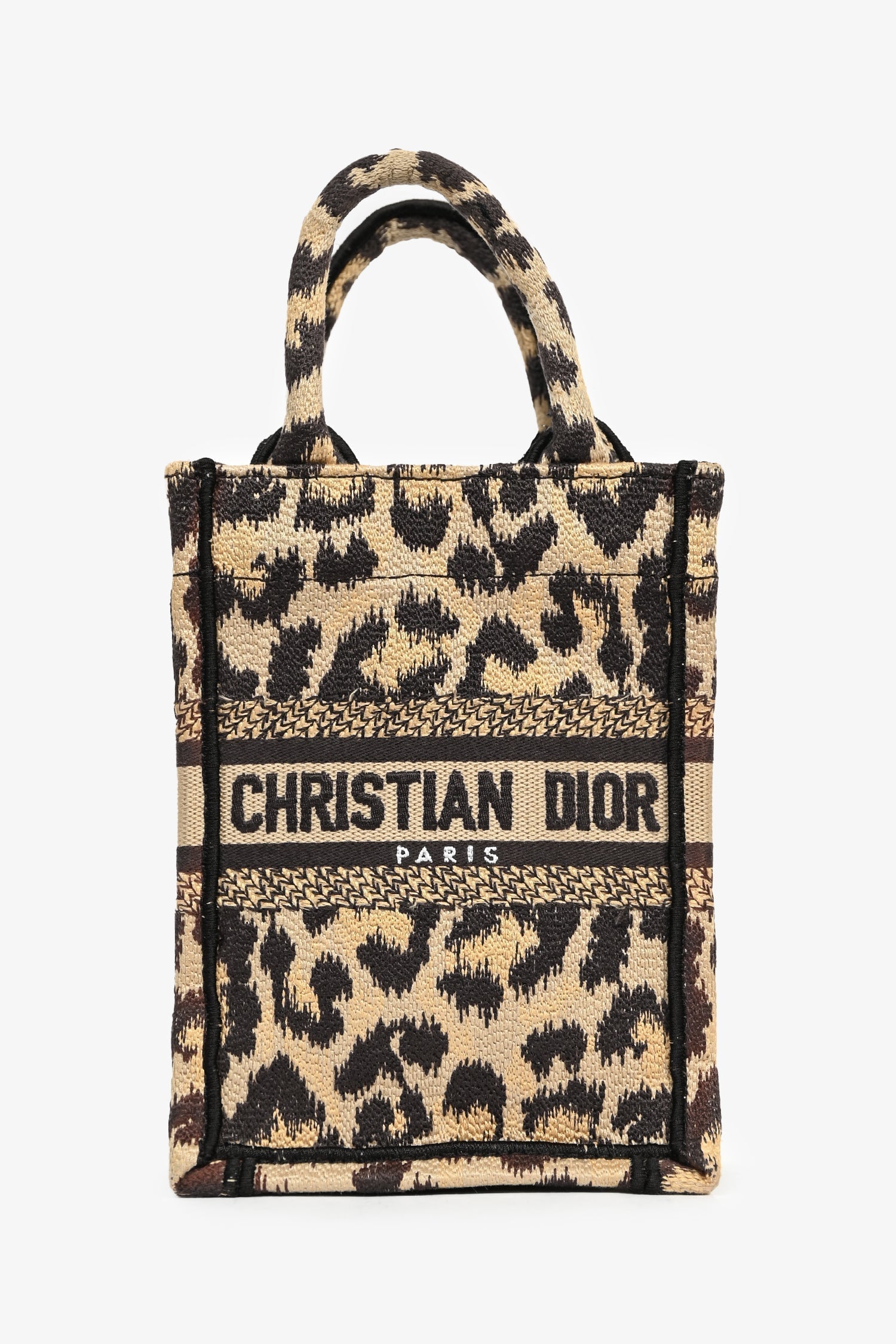 Dior Tote Bag Christian Leopard Book Tote Phone Bag Canvas Beige Mini