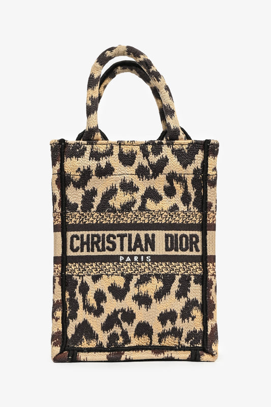 Dior Tote Bag Christian Leopard Book Tote Phone Bag Canvas Beige Mini