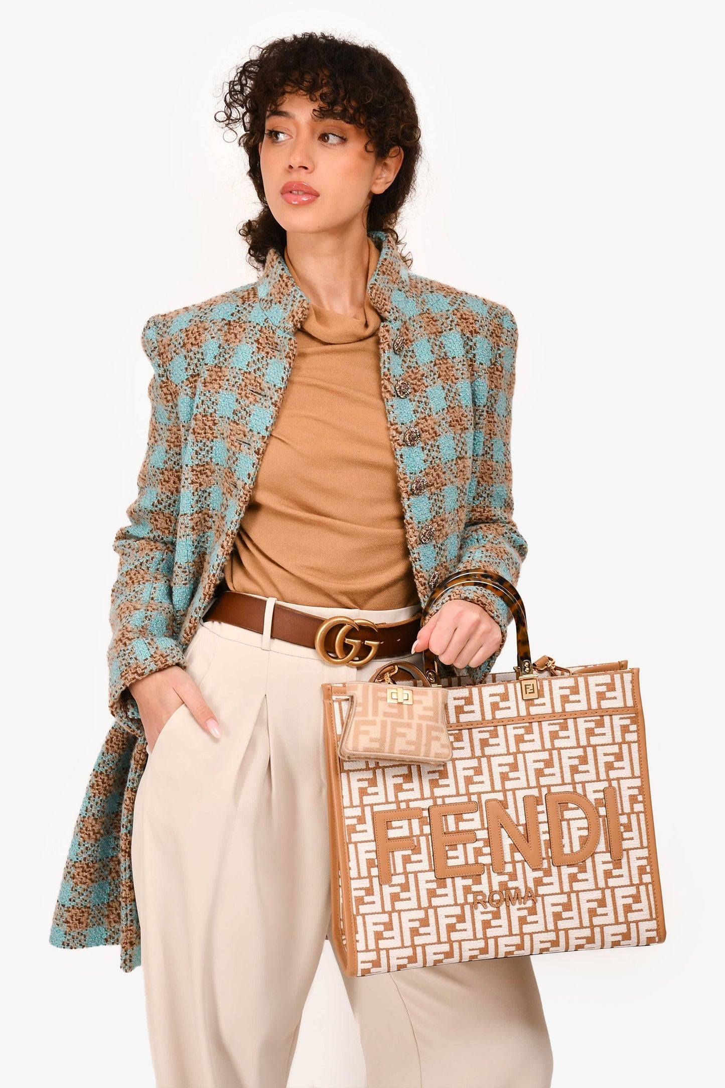 Fendi Ff Zucca Sunshine Shopping Tote With Strap Leather Canvas White Tote Bag