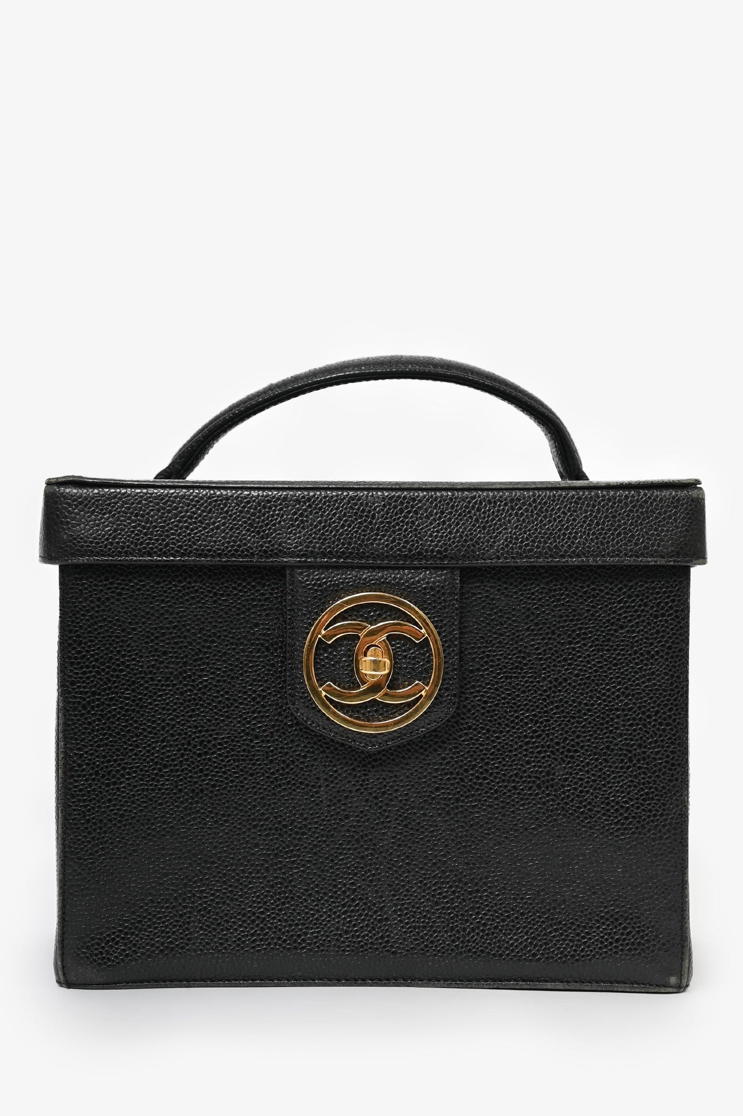 Chanel ™ 1991-94 Black Caviar Leather CC Box Vanity Makeup Case with Chain Strap (As Is)