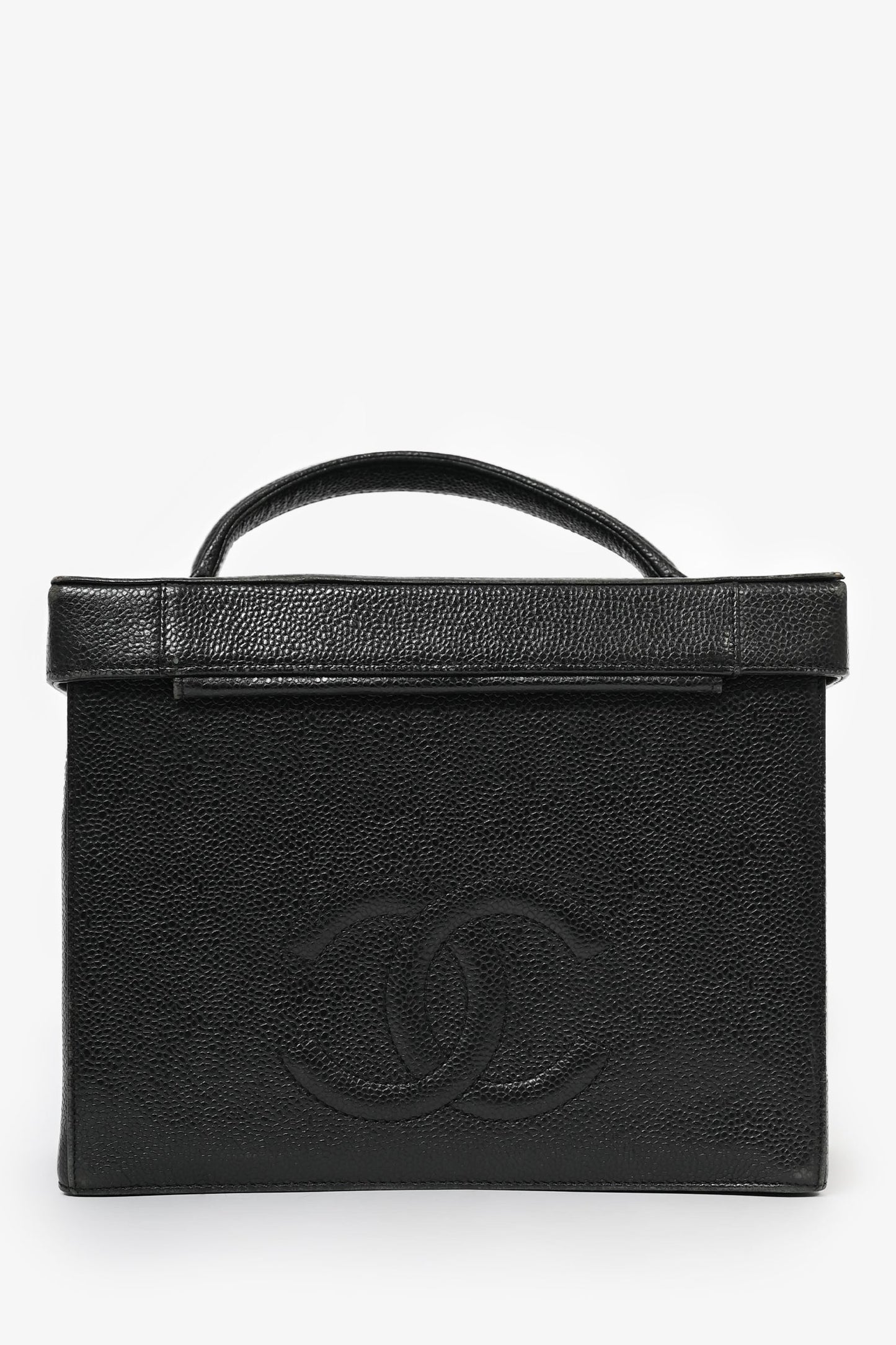 Chanel ™ 1991-94 Black Caviar Leather CC Box Vanity Makeup Case with Chain Strap (As Is)