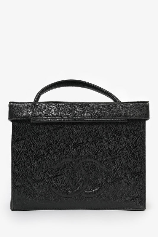 Chanel ™ 1991-94 Black Caviar Leather CC Box Vanity Makeup Case with Chain Strap (As Is)