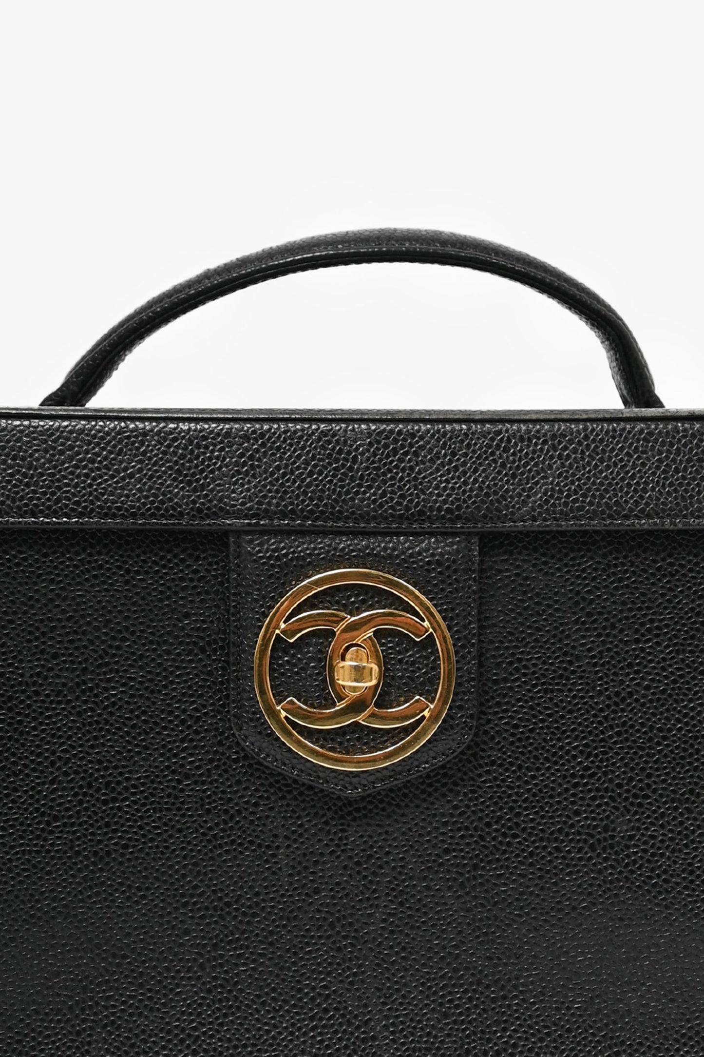 Chanel ™ 1991-94 Black Caviar Leather CC Box Vanity Makeup Case with Chain Strap (As Is)