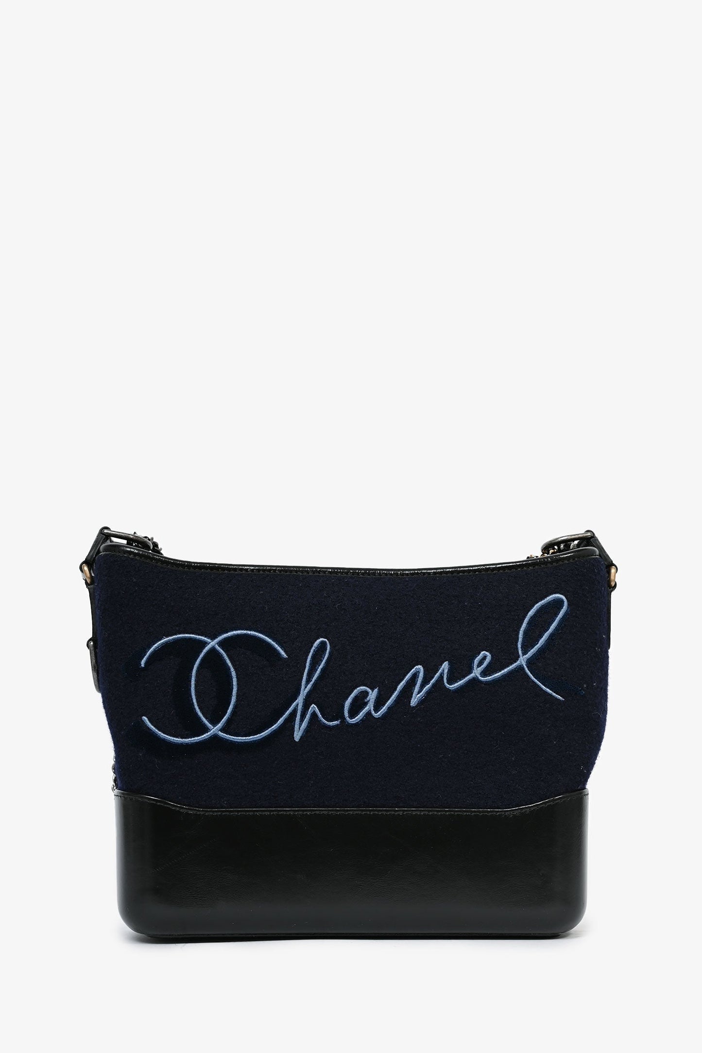 Chanel ™ 2019 Navy Wool 'Paris Hamburg' Embroidered Large Gabrielle Hobo