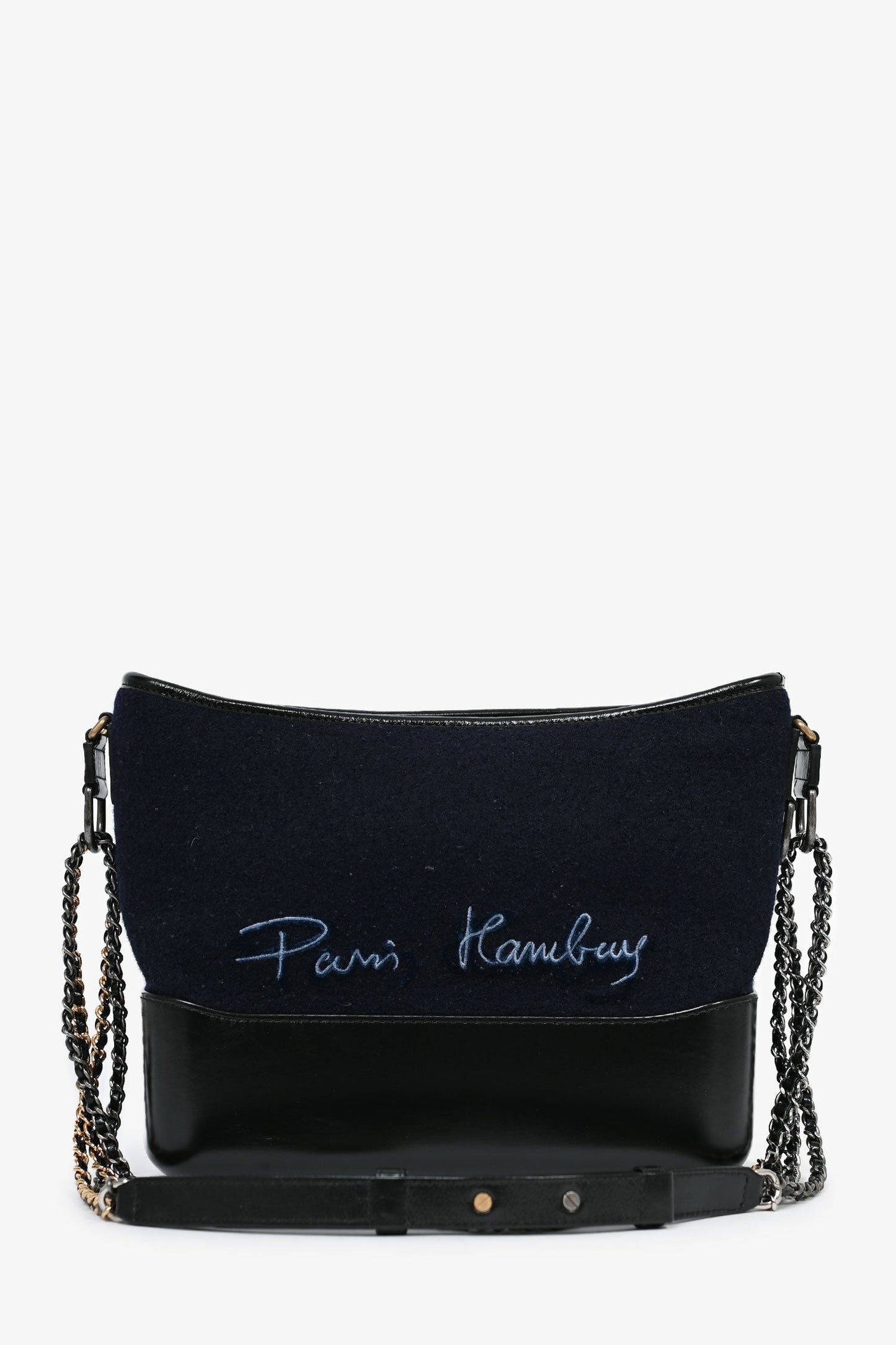 Chanel ™ 2019 Navy Wool 'Paris Hamburg' Embroidered Large Gabrielle Hobo