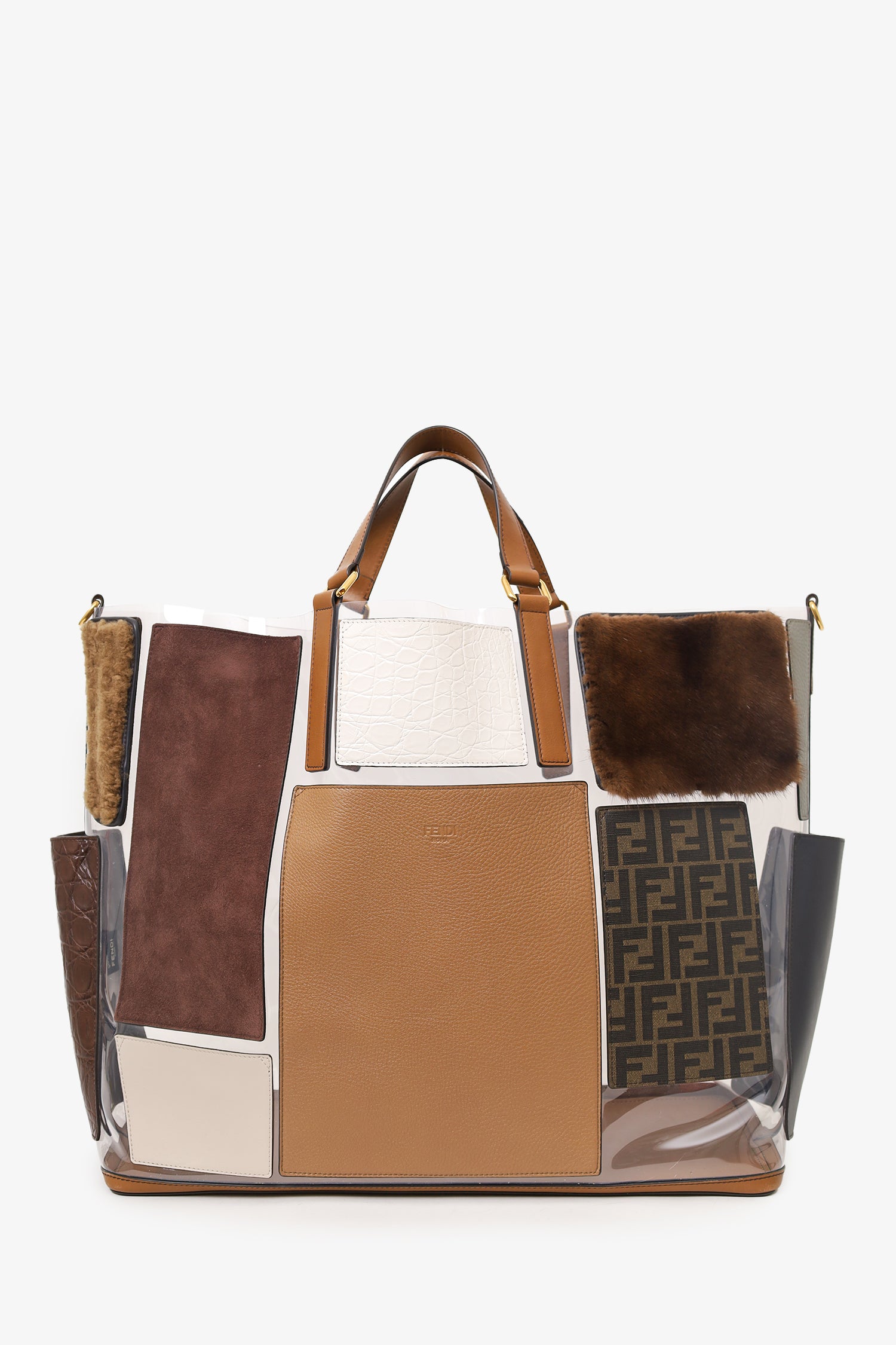 Fendi Tote Bag Vinyl Fur Forever Patch Pocket Tote Leather Brown