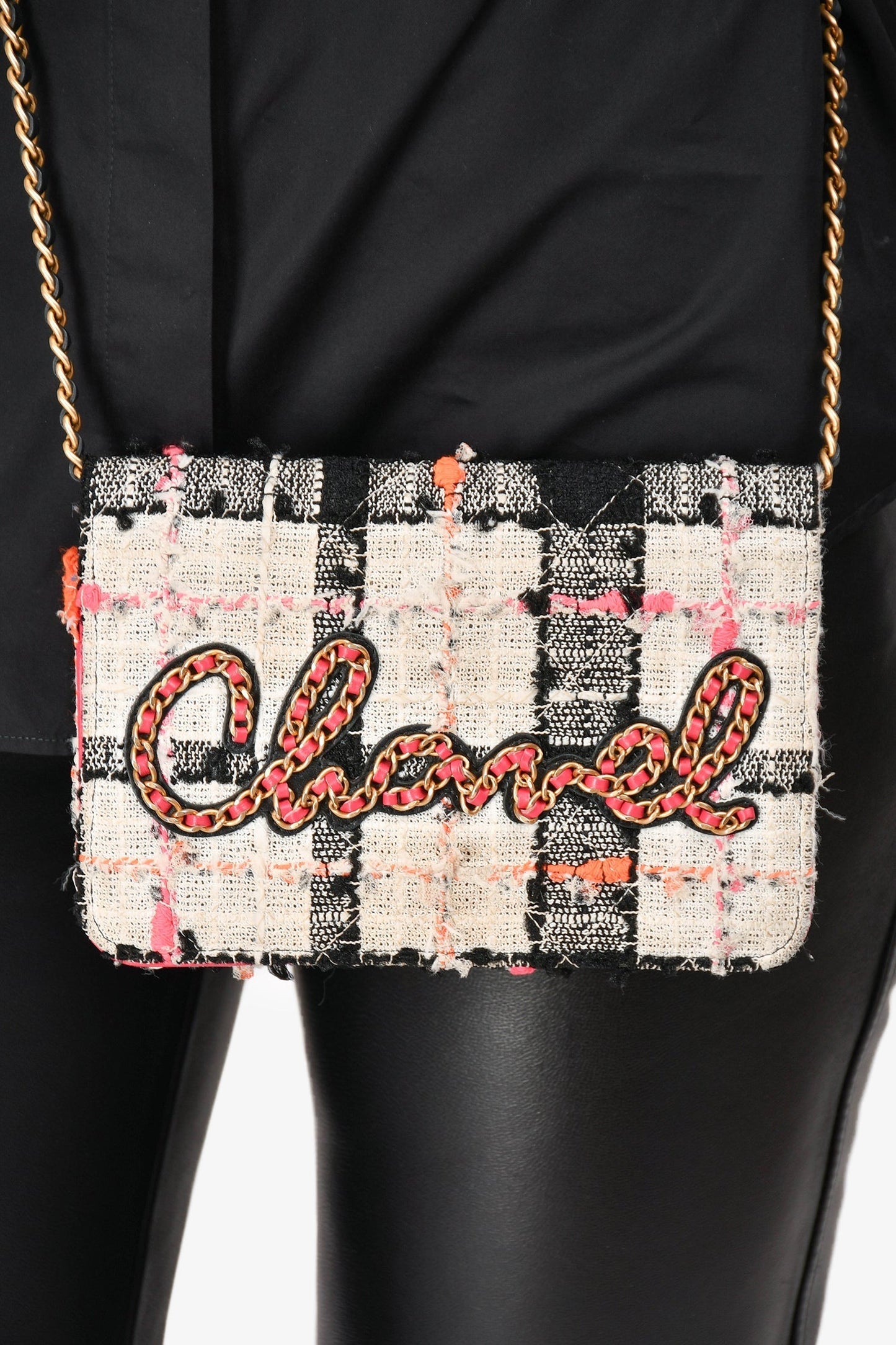 Chanel ™ 2019 Pink/Black/Cream Tweed Wallet On Chain Bag