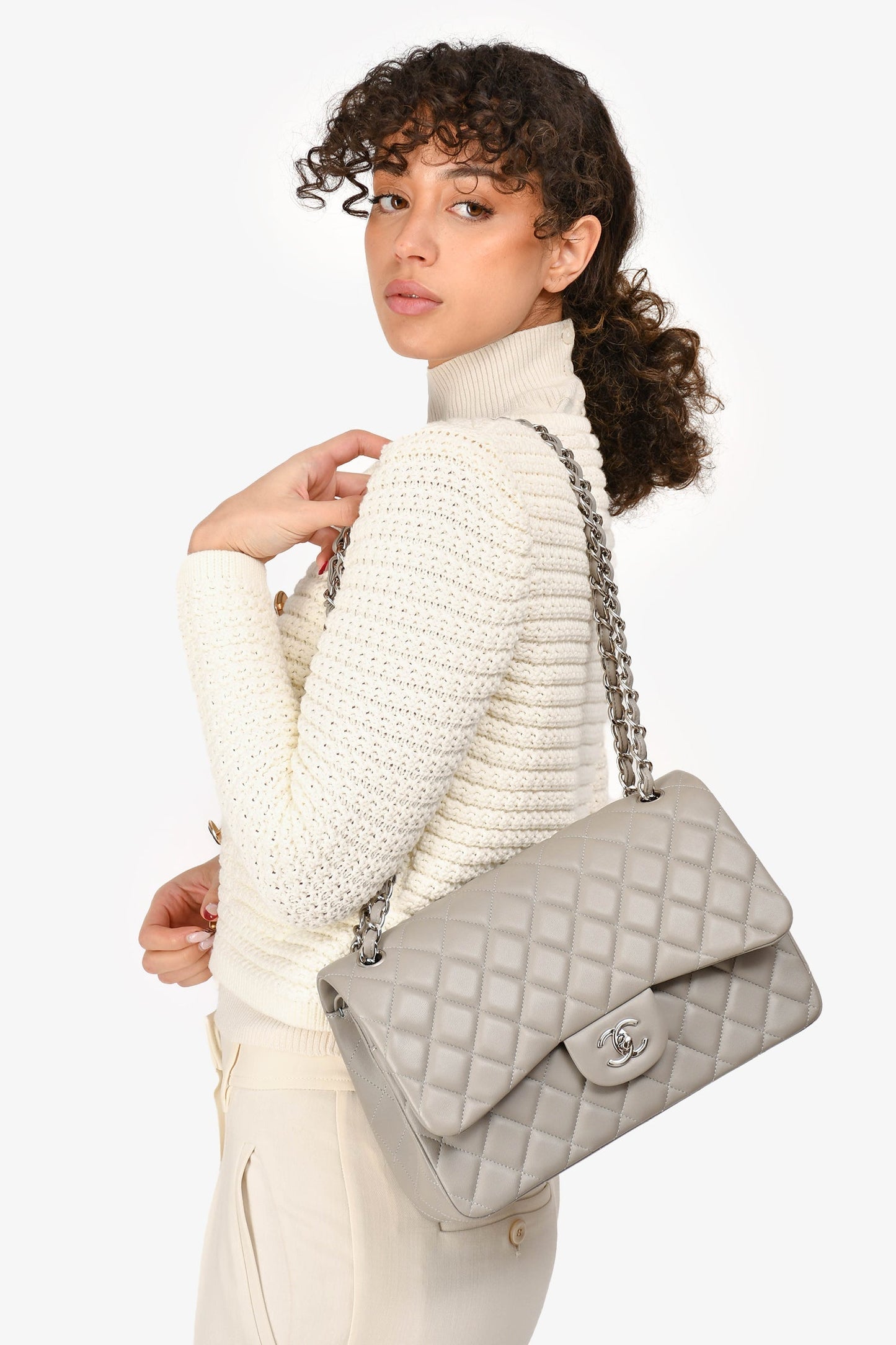 Chanel ™ 2019/20 Grey Lambskin Leather Jumbo Double Flap Accessory
