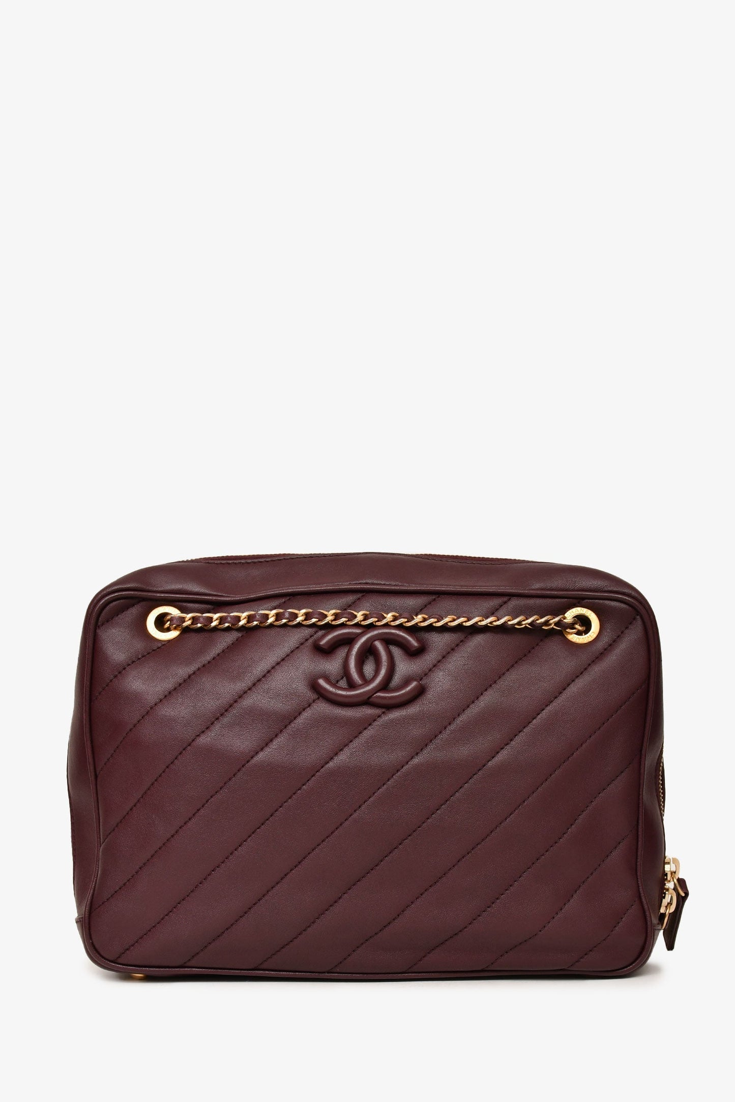 Chanel ™ 2015-16 Eggplant Purple Diagonal Leather Camera Case Double Chain Shoulder Bag