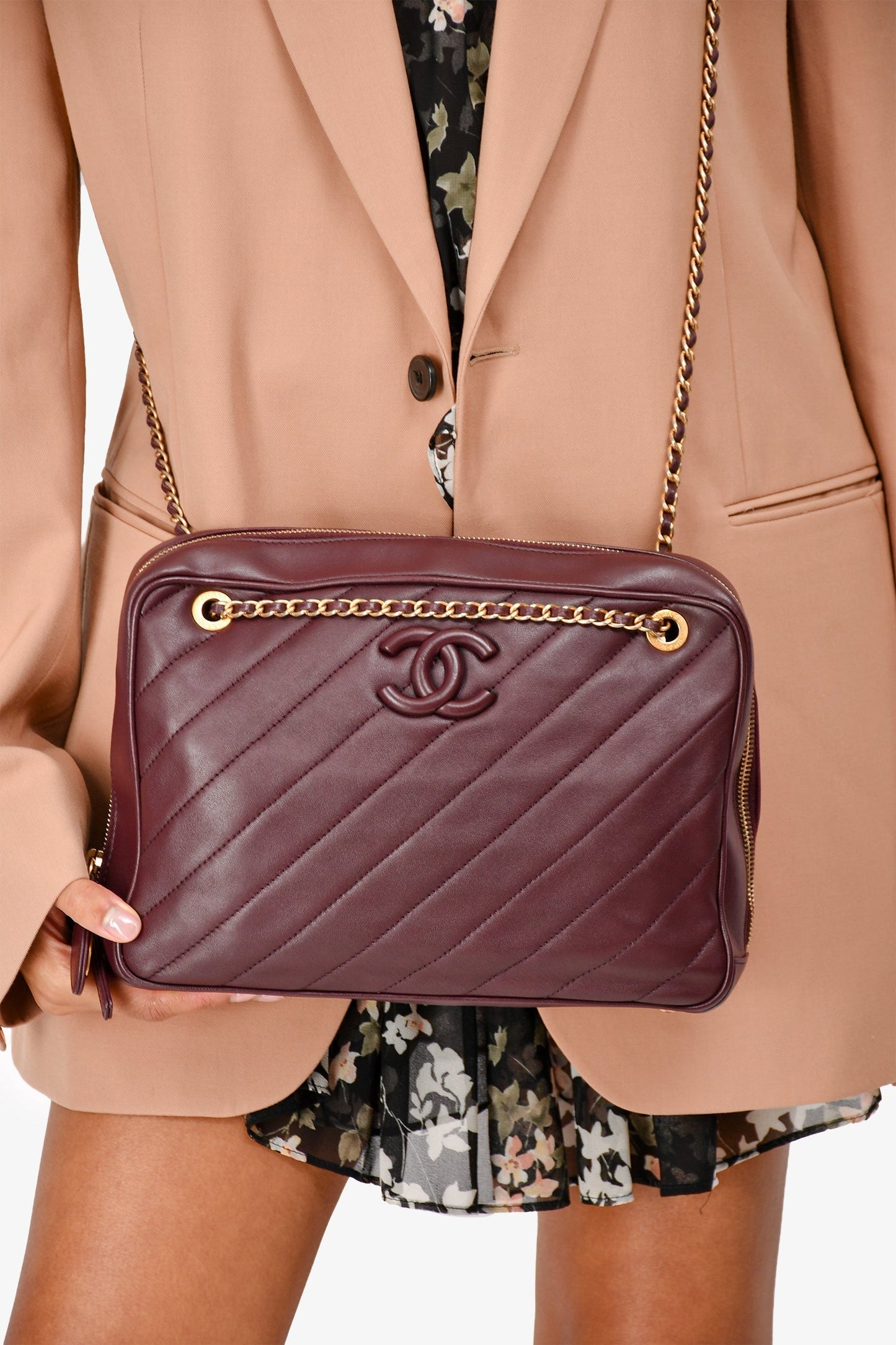 Chanel ™ 2015-16 Eggplant Purple Diagonal Leather Camera Case Double Chain Shoulder Bag