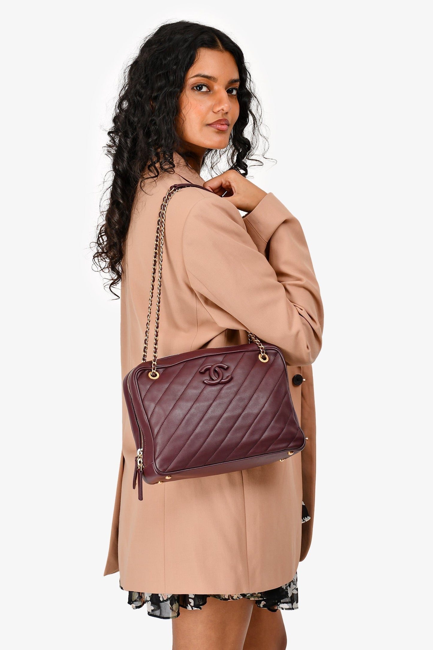 Chanel ™ 2015-16 Eggplant Purple Diagonal Leather Camera Case Double Chain Shoulder Bag