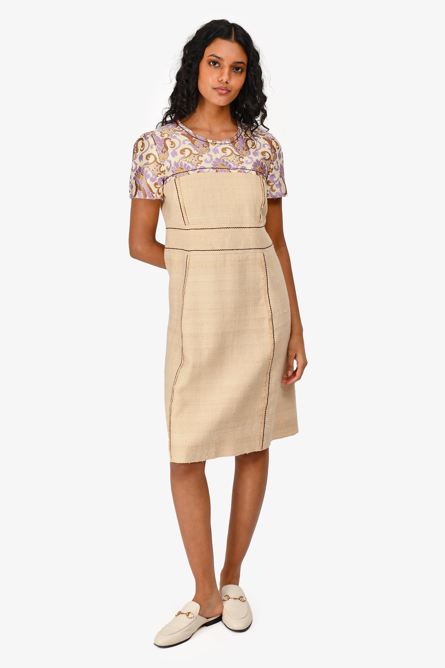 Prada Handbag Flax Cotton Shift Dress Purple Embroidered