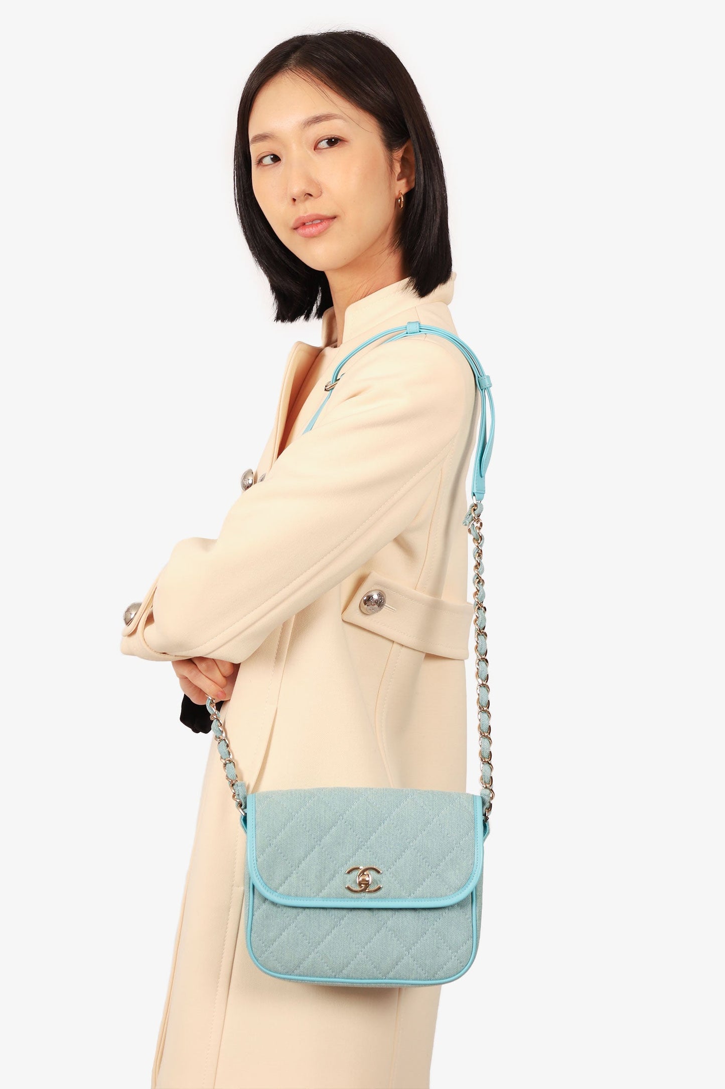 Chanel ™ 2021 Blue Denim Quilted CC Small Messenger Flap Bag