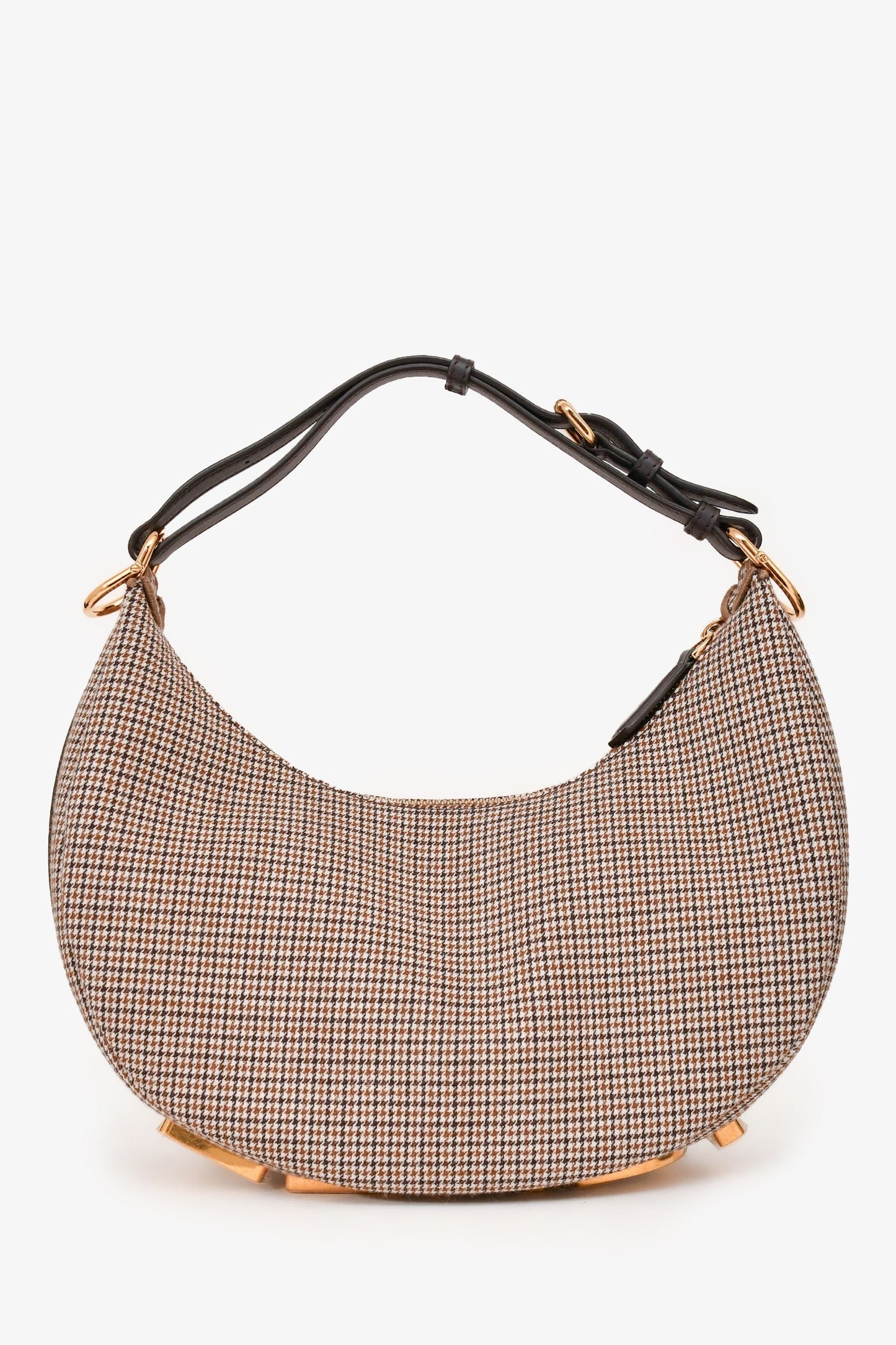 Fendi Fabric Houndstooth graphy Shoulder Bag Leather Brown Small