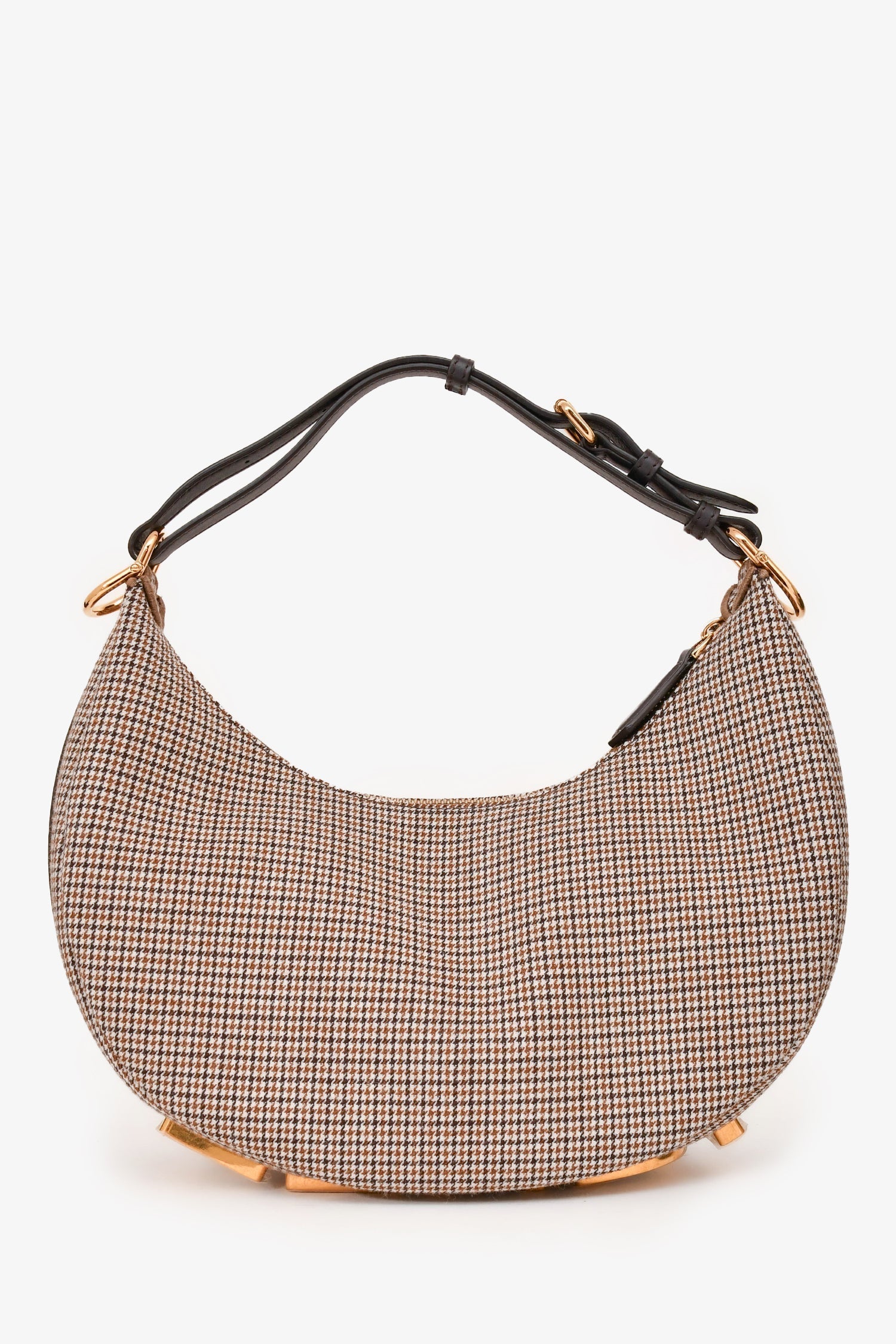 Fendi Fabric Houndstooth graphy Shoulder Bag Leather Brown Small