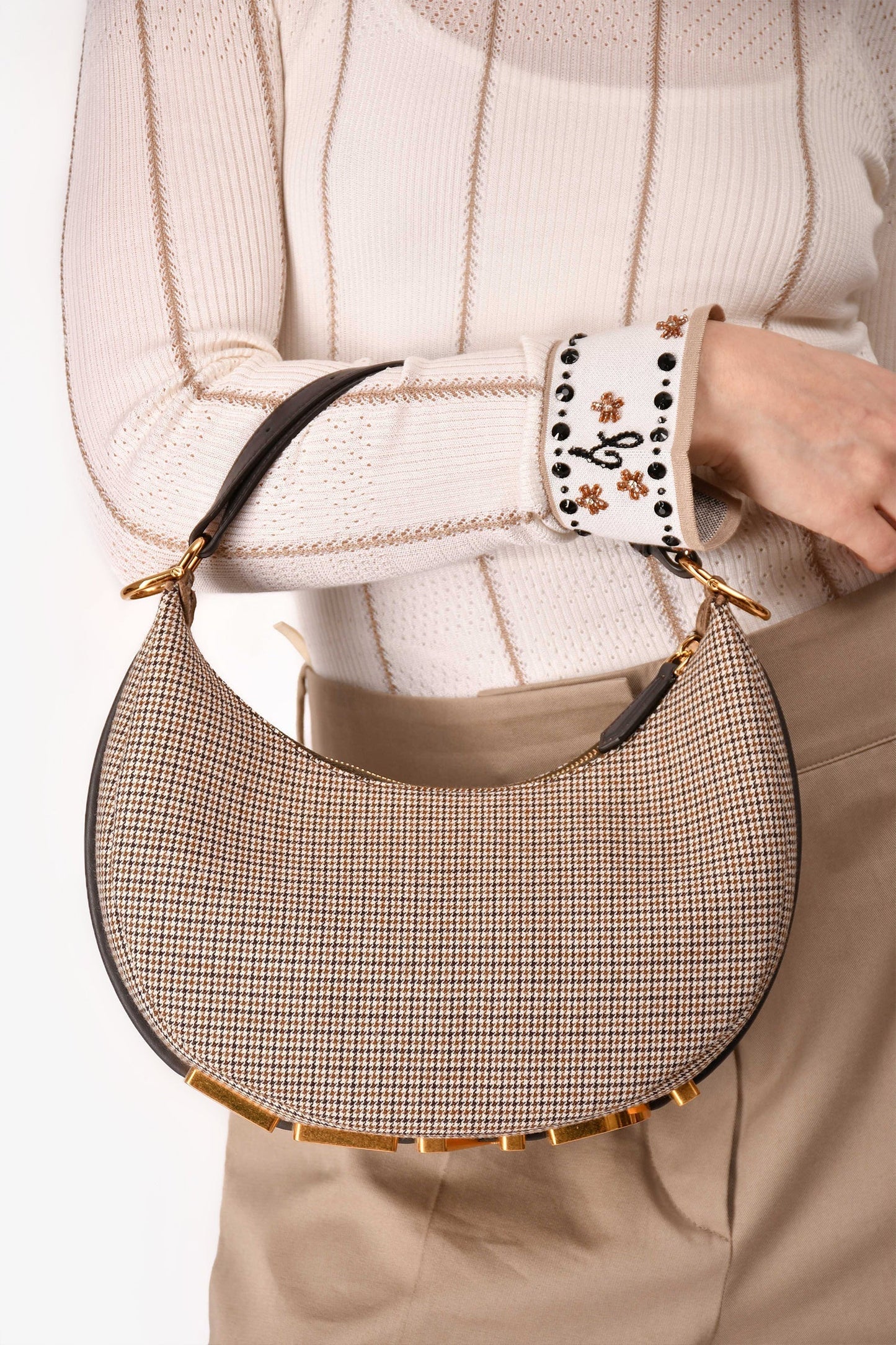 Fendi Fabric Houndstooth graphy Shoulder Bag Leather Brown Small