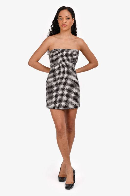 Dior Handbag Christian Houndstooth Wool Cashmere Bustier Dress Black White