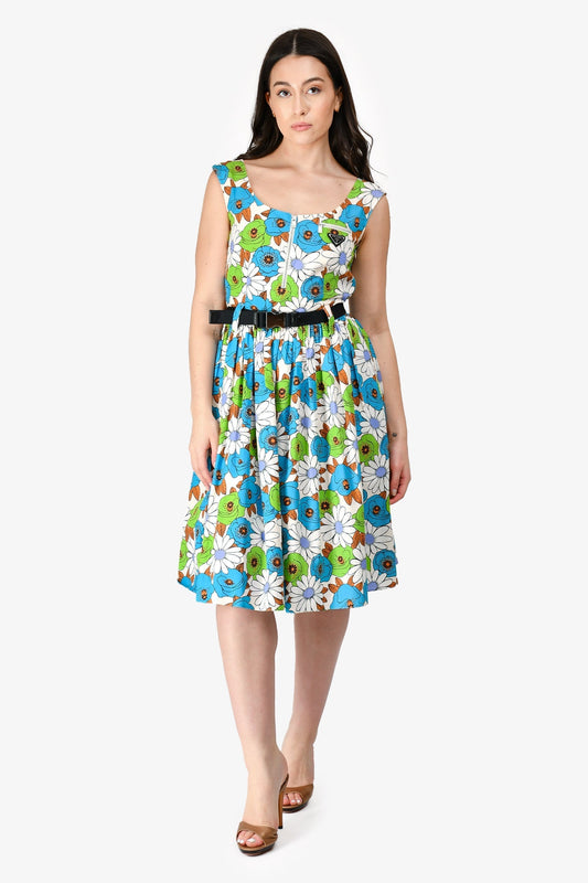 Prada Handbag Cotton Floral Triangle Pocket Belted Dress White Blue Green