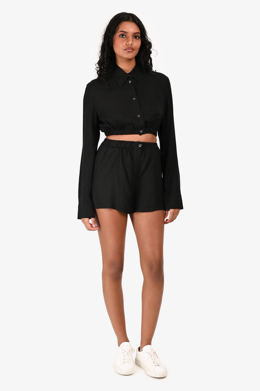 Prada Handbag Jacquard Silk Cropped Button-Up Top + Shorts Black Logo