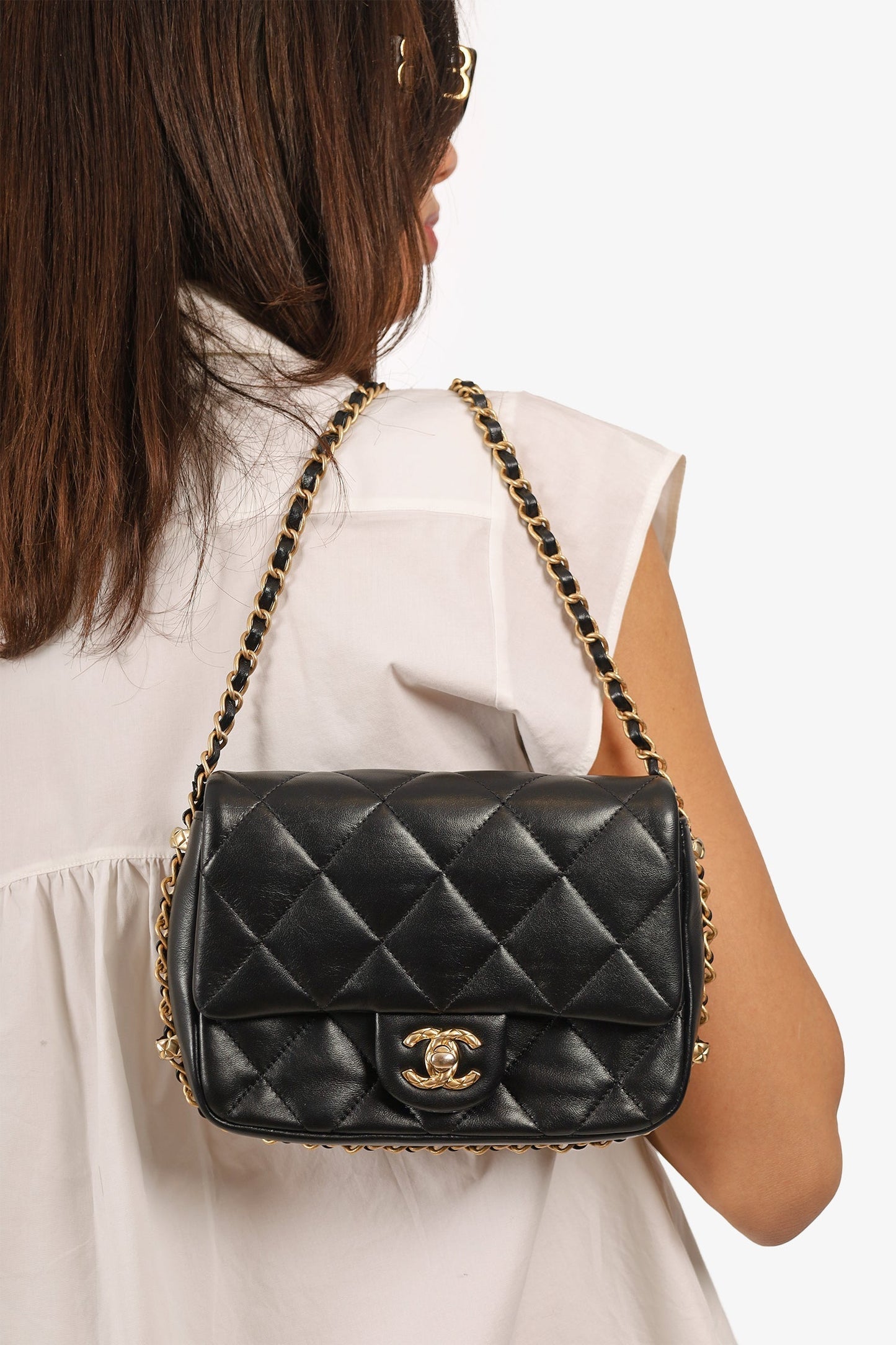 Chanel ™ 2023 Black Quilted Lambskin Chain Around Mini Square Flap Bag