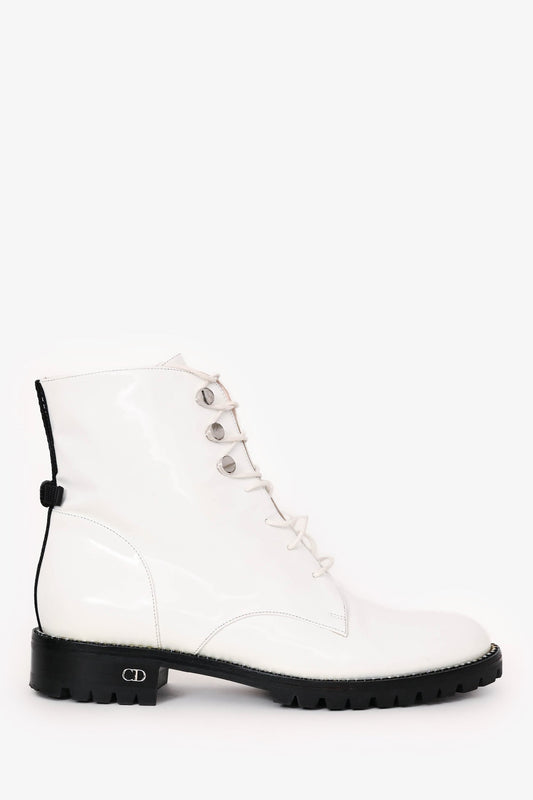 Dior Handbag Christian Crystal-Trimmed CD Combat Boots Leather White Shoes