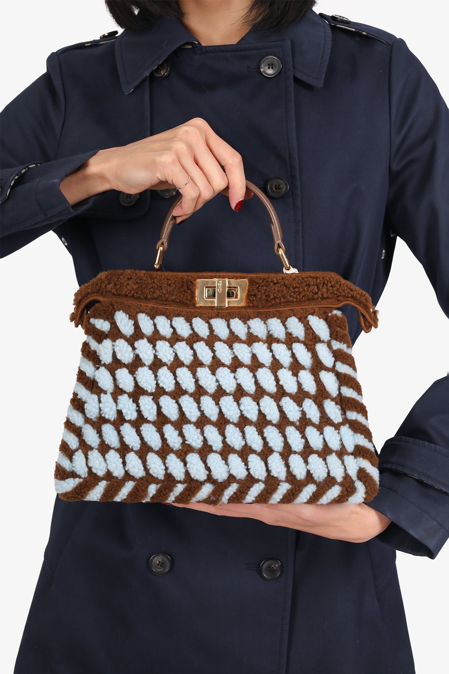 Fendi Handbag Shearling Peekaboo With Strap Brown Blue Small
