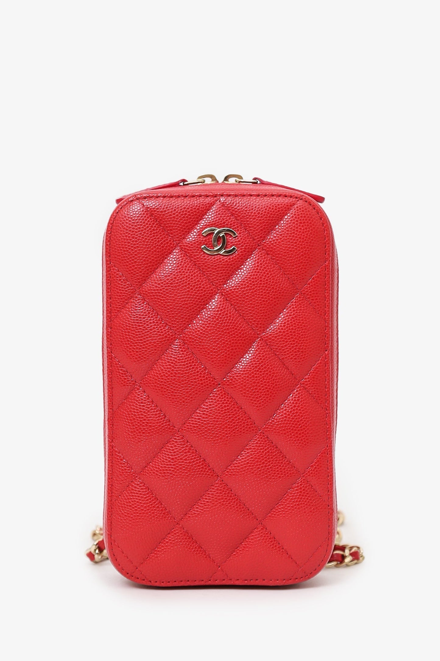 Chanel ™ 2019 Red Caviar Vertical ZIP Around Phone Chain Accessory