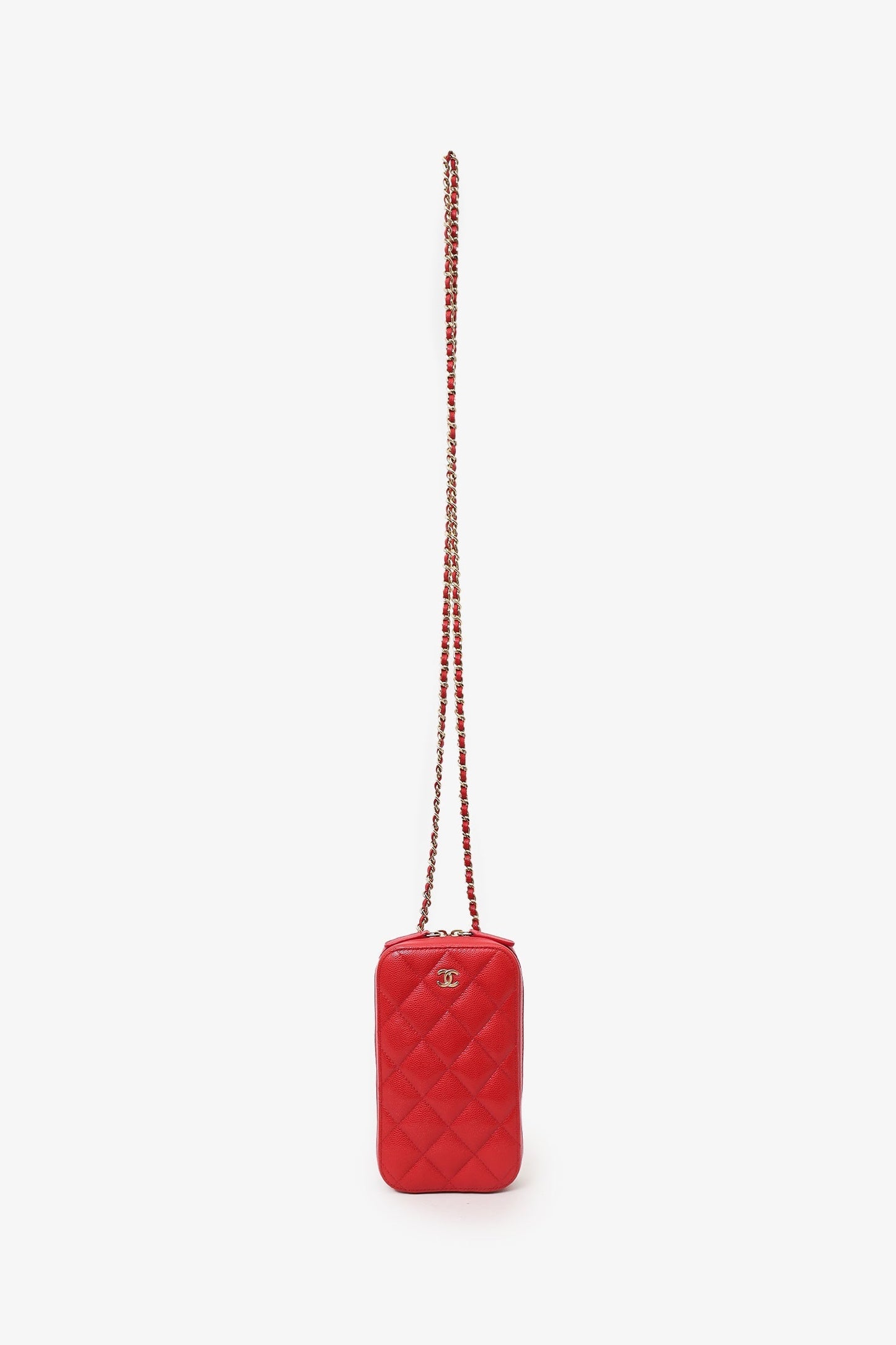 Chanel ™ 2019 Red Caviar Vertical ZIP Around Phone Chain Accessory