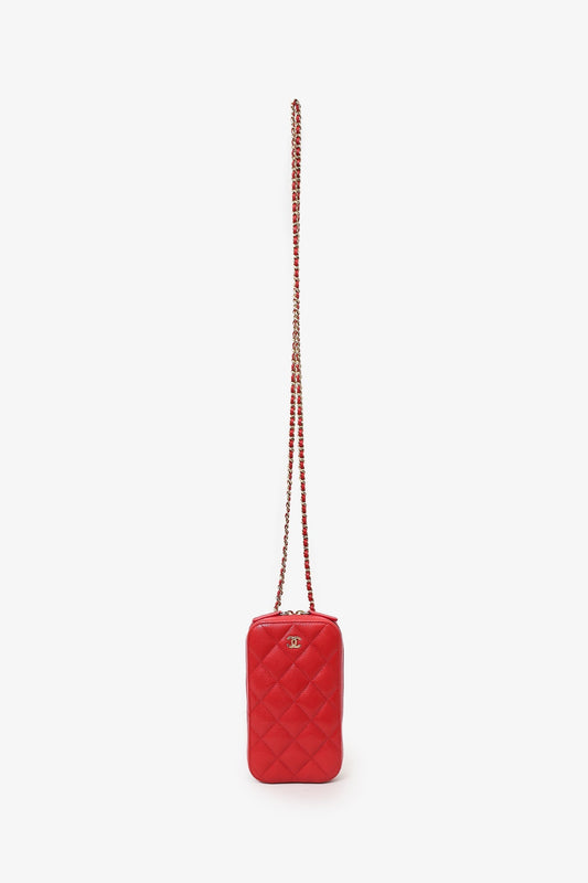 Chanel ™ 2019 Red Caviar Vertical ZIP Around Phone Chain Accessory