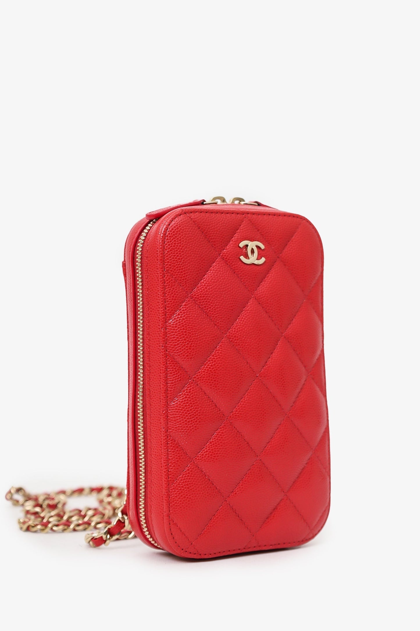 Chanel ™ 2019 Red Caviar Vertical ZIP Around Phone Chain Accessory