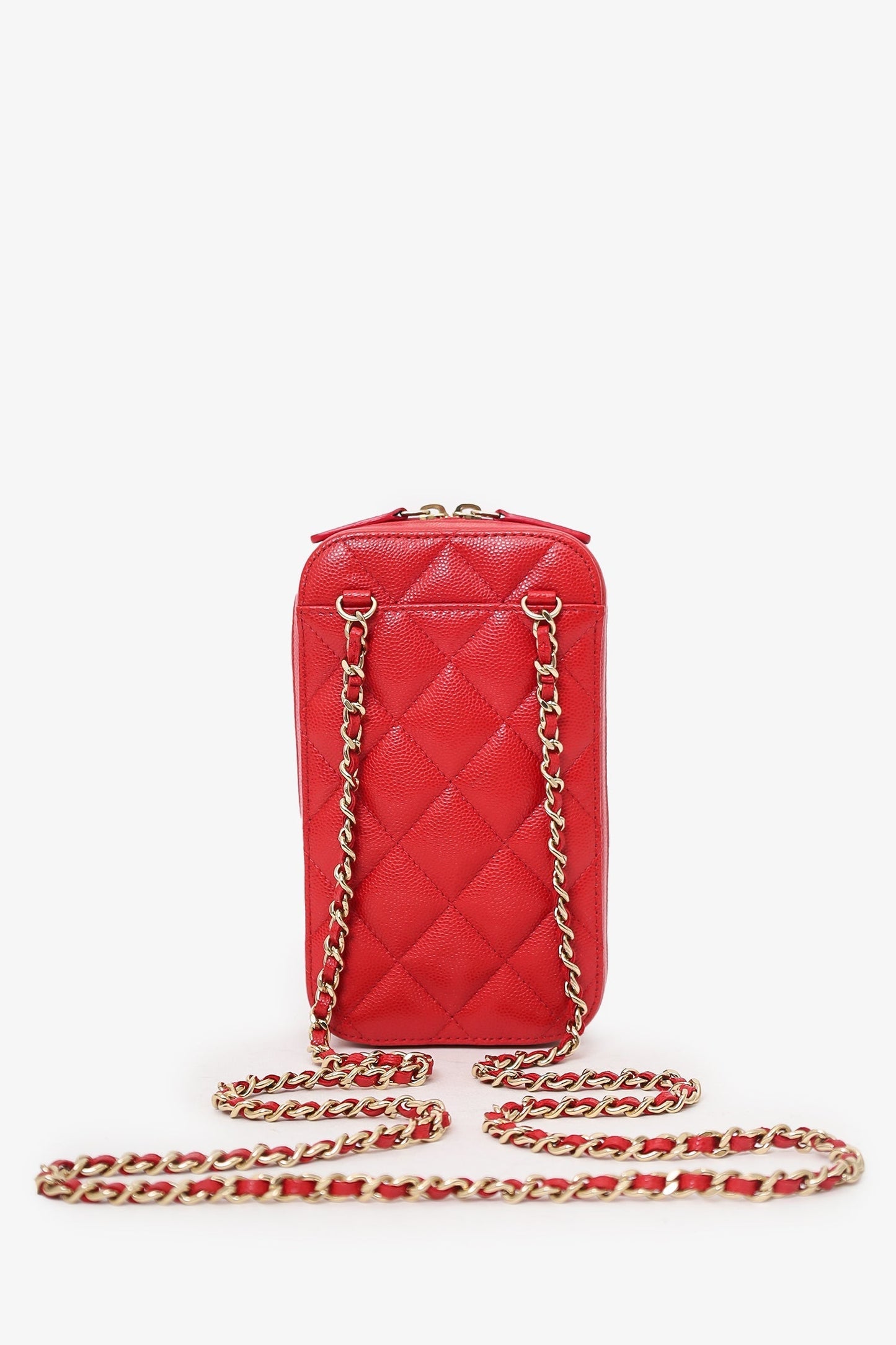 Chanel ™ 2019 Red Caviar Vertical ZIP Around Phone Chain Accessory