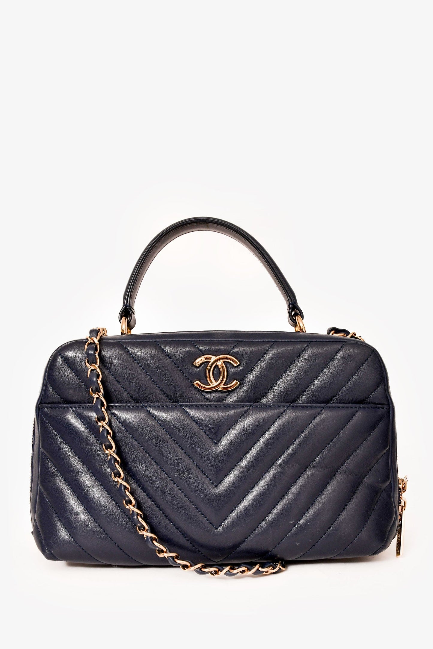 Chanel ™ 2018 Navy Chevron Leather Medium Trendy Bowling Top Handle Bag