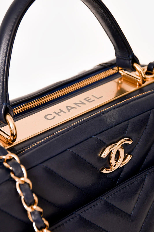 Chanel ™ 2018 Navy Chevron Leather Medium Trendy Bowling Top Handle Bag