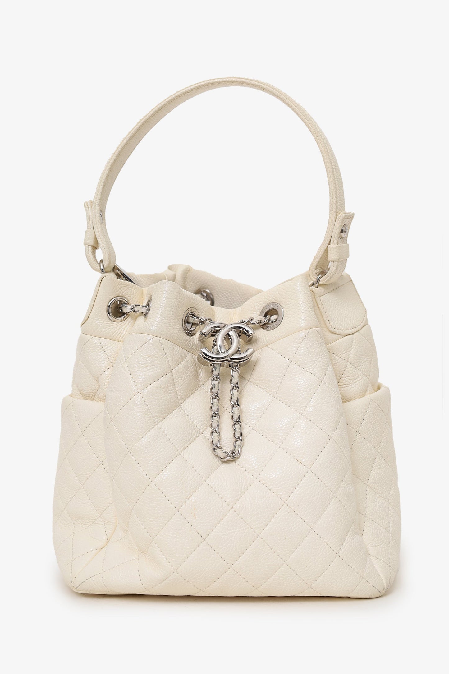 Chanel ™ 2019-20 Cream Caviar Leather CC Chain Drawstring Bucket Bag