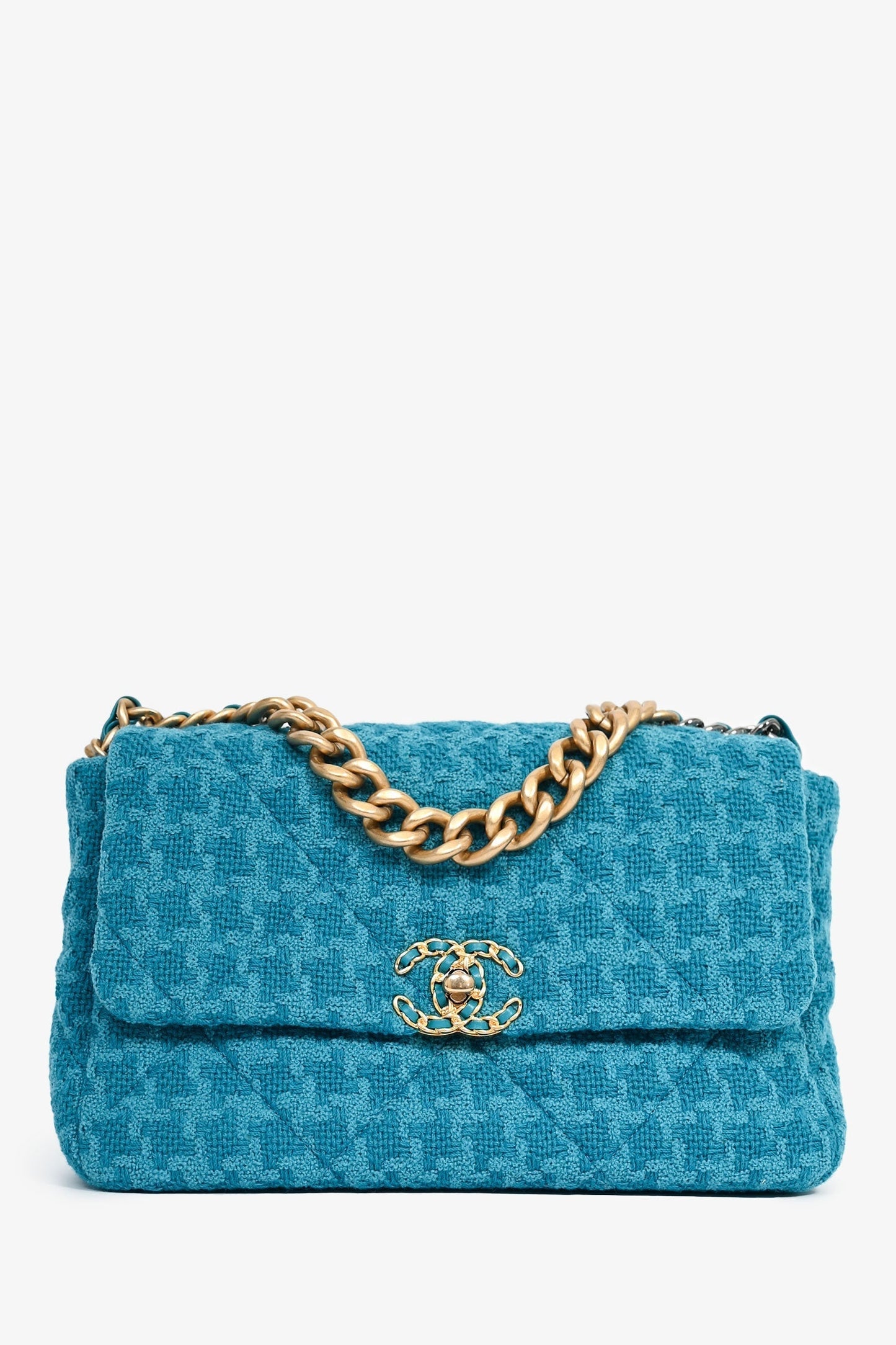 Chanel ™ Blue Houndstooth Tweed Large 19 Flap Shoulder Bag