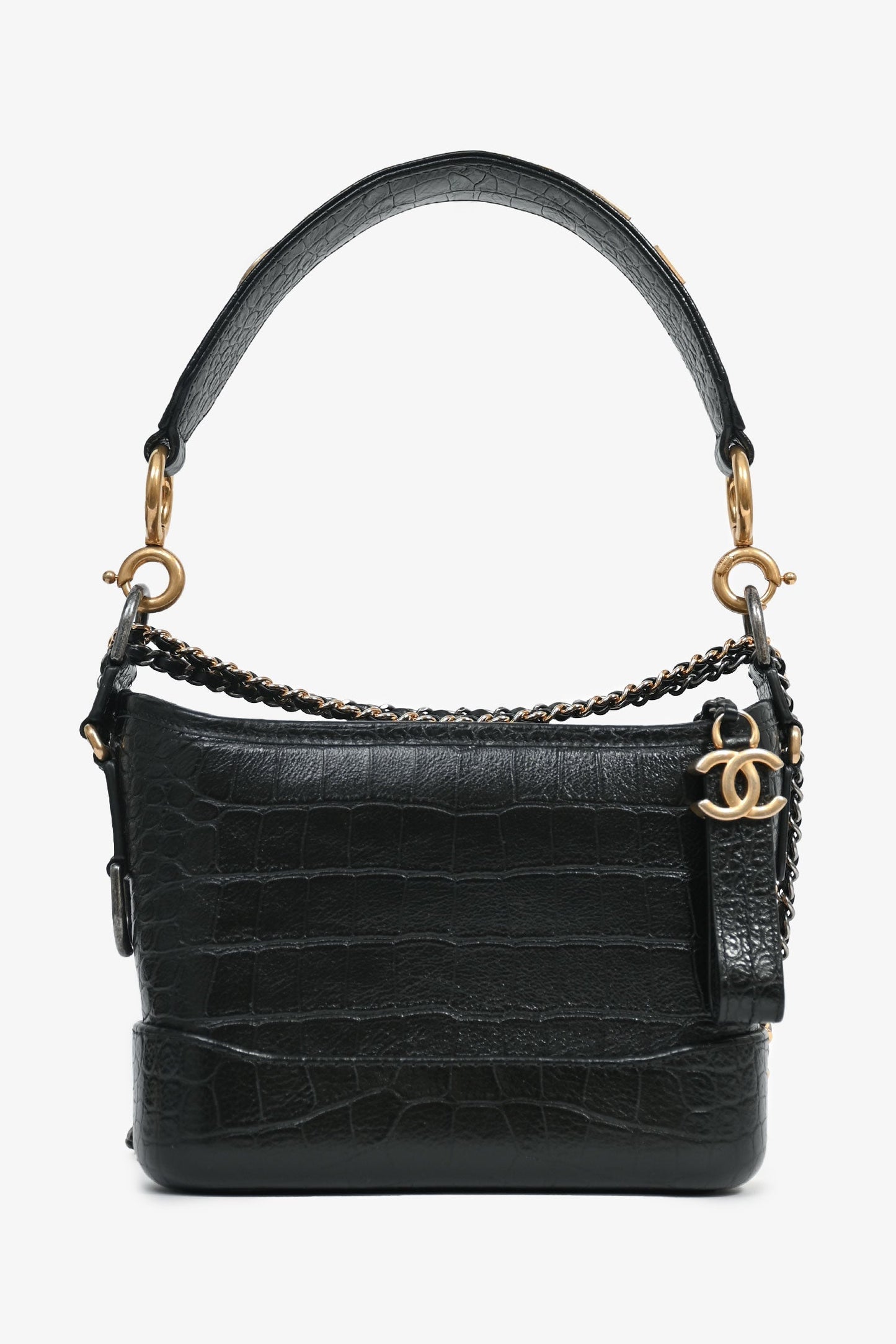 Chanel ™ 2019-20 Black Croc Embossed Leather Medium Gabrielle Crossbody Bag with Logo Strap
