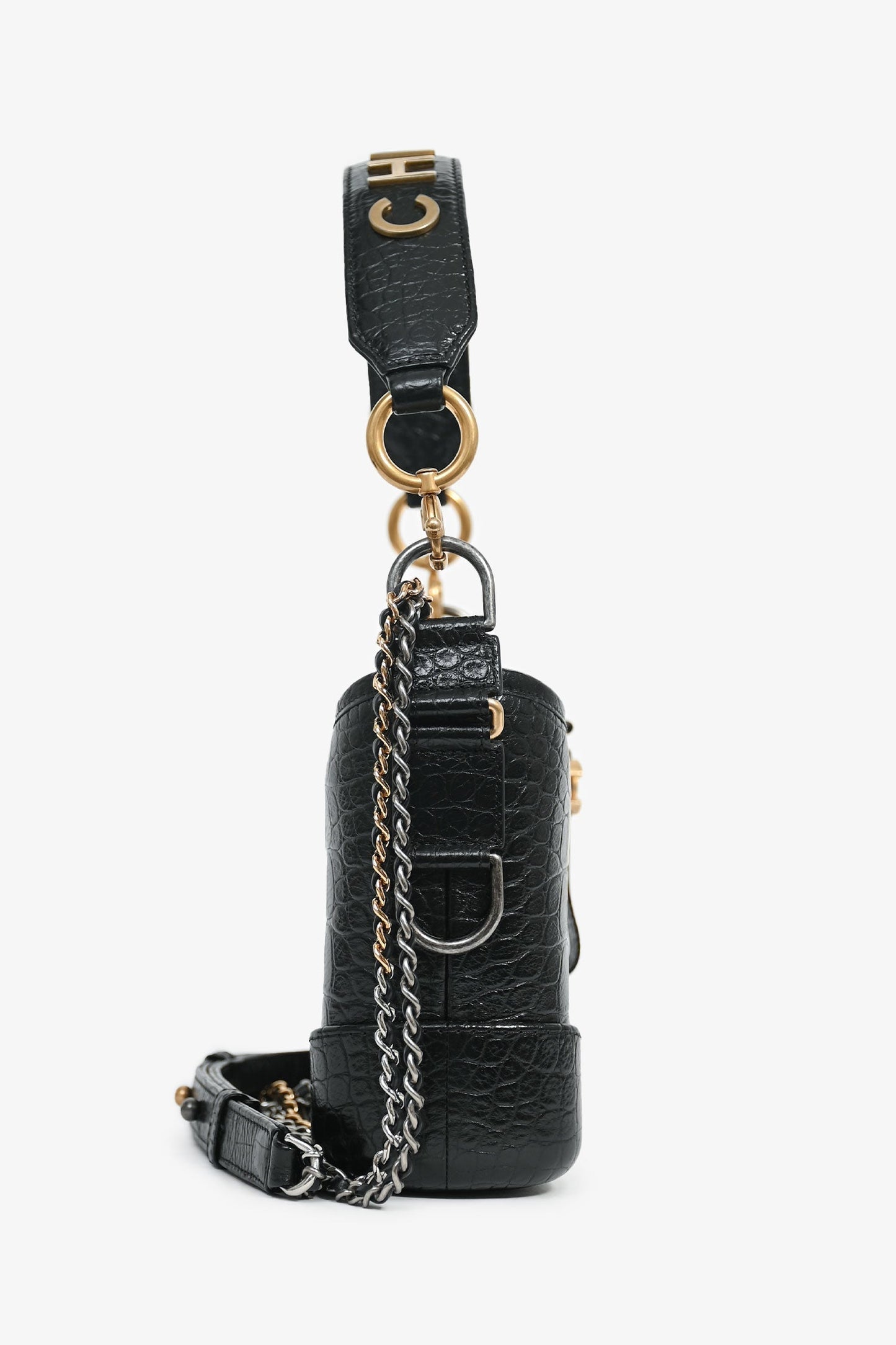 Chanel ™ 2019-20 Black Croc Embossed Leather Medium Gabrielle Crossbody Bag with Logo Strap
