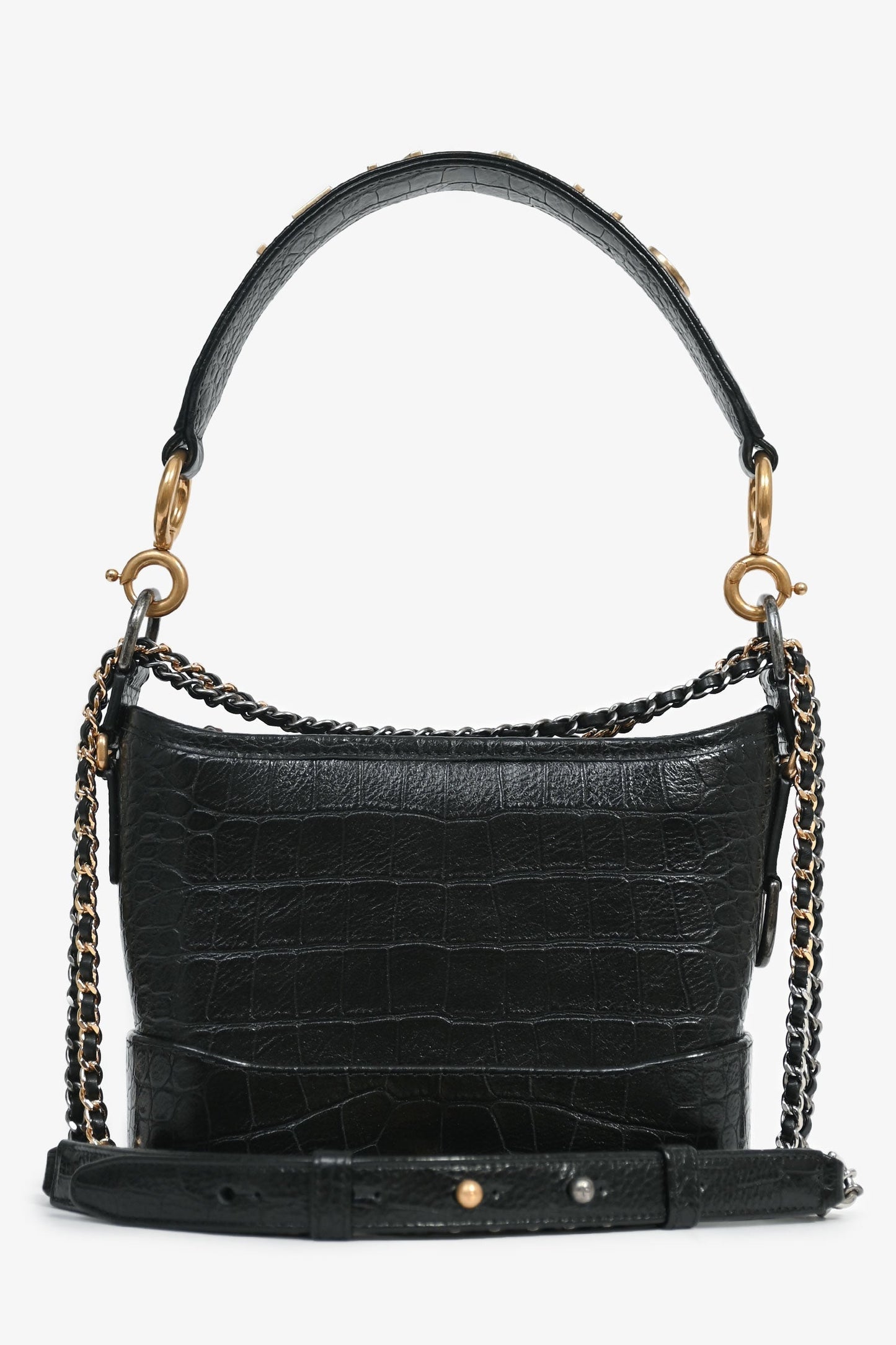 Chanel ™ 2019-20 Black Croc Embossed Leather Medium Gabrielle Crossbody Bag with Logo Strap