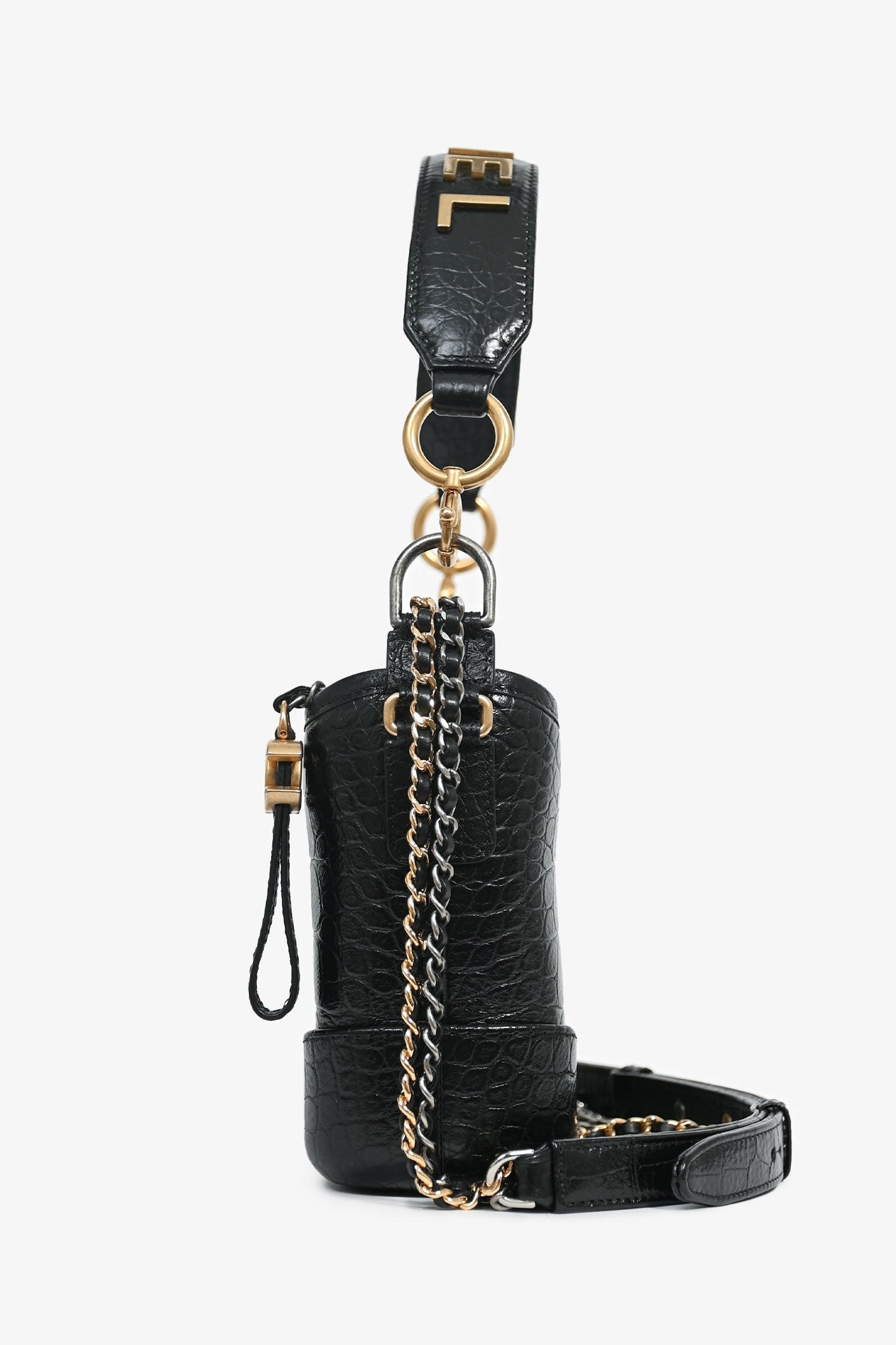 Chanel ™ 2019-20 Black Croc Embossed Leather Medium Gabrielle Crossbody Bag with Logo Strap